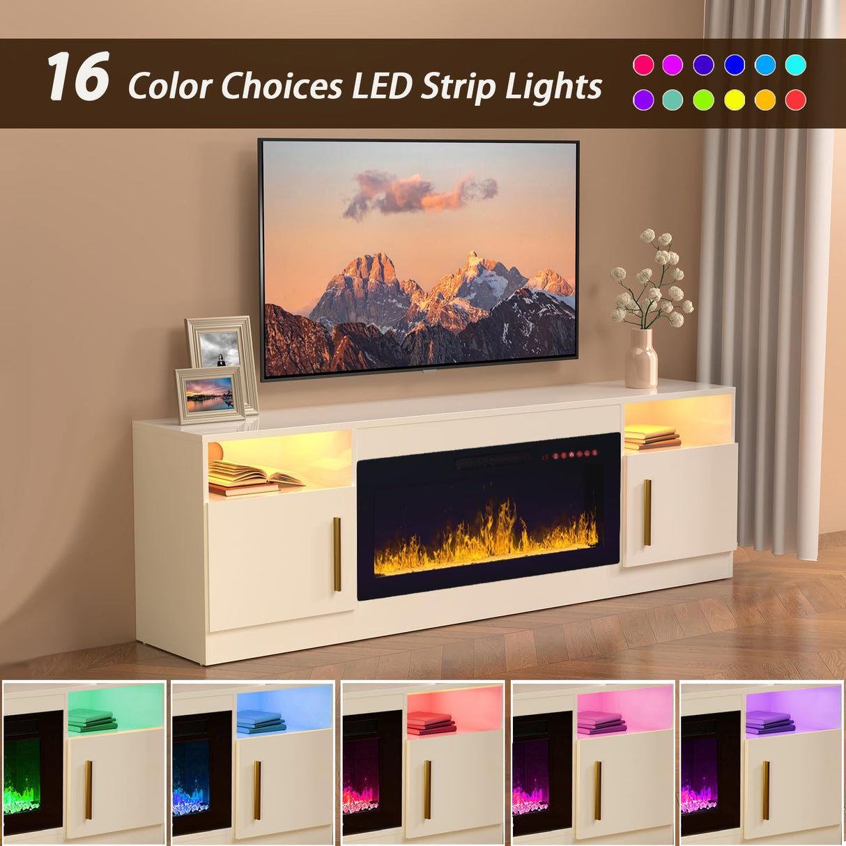 TV Stand with Fireplace - 70 Inch Modern Electric Entertainment Center, 36" LED Fireplace for Living Room, White, Up to 80" TVs VENDORZ