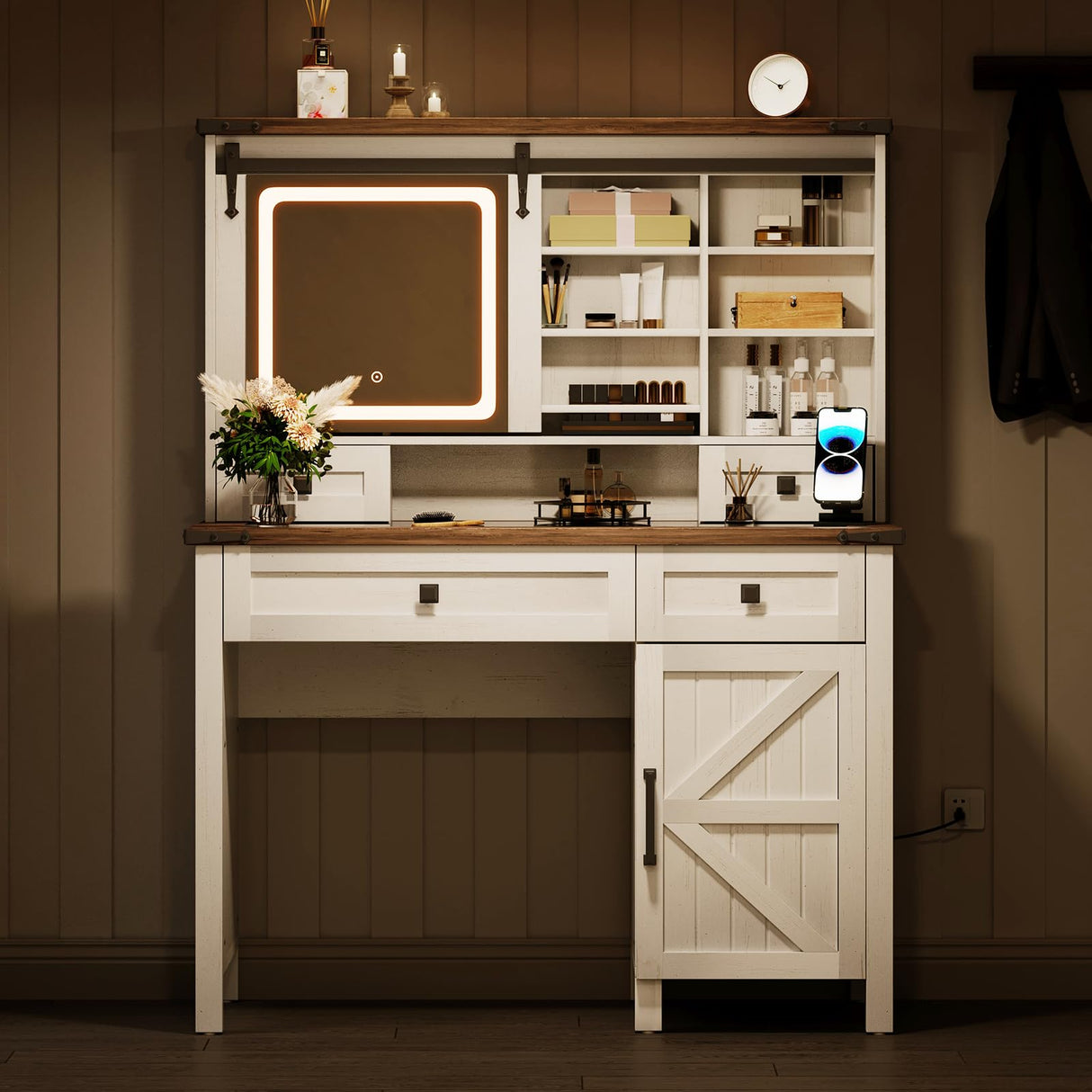 Albott Farmhouse Makeup Vanity Desk with Sliding Mirror and Lights, Makeup Vanity Table with 4 Storage Drawers and Adjustable Shelves, Dressing Table with Glass Top, Big Vanity Set for Bedroom, White Albott