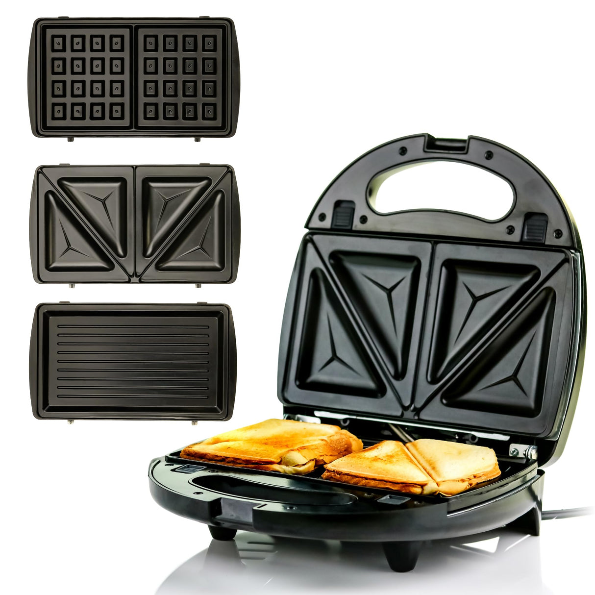 OVENTE 3 in 1 Electric Sandwich Maker, Panini Press Grill and Waffle Iron Set with Removable Non-Stick Plates, Perfect for Cooking Grilled Cheese, Tuna Melts, Burgers, Steaks and Snacks, Black GPI302B OVENTE