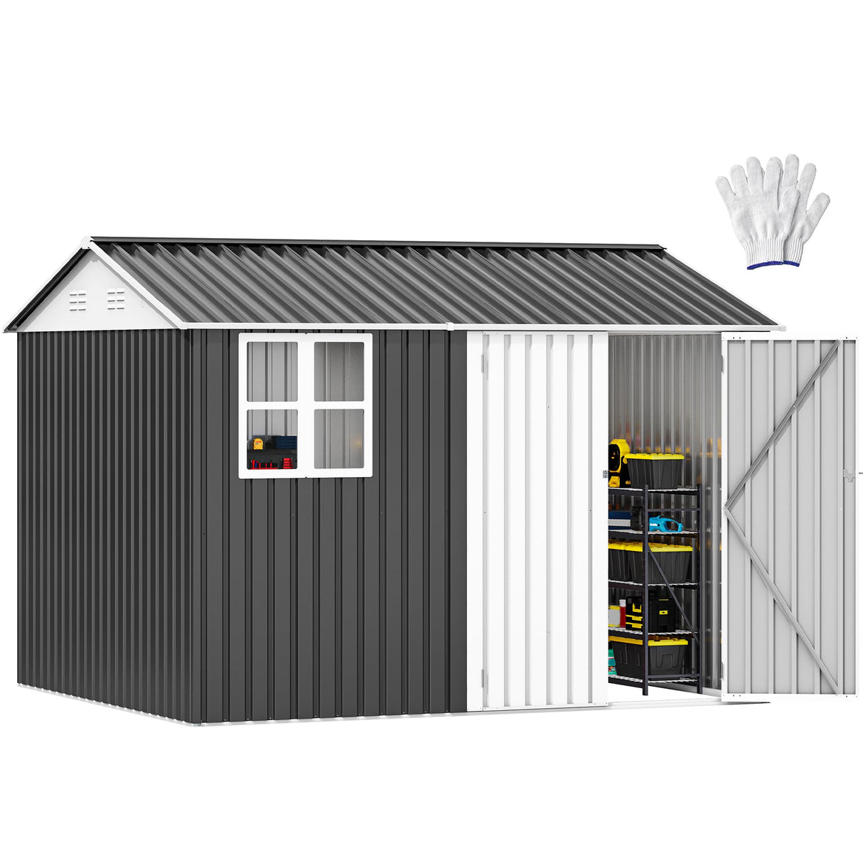 DWVO 10x8ft Large Tool Storage Shed with Window, Lockable Doors, and Sloped Roof, Oversized Steel Outdoor Storage Shed for Garden, Patio, Garage, Backyard, Lawn - Gray & White DWVO