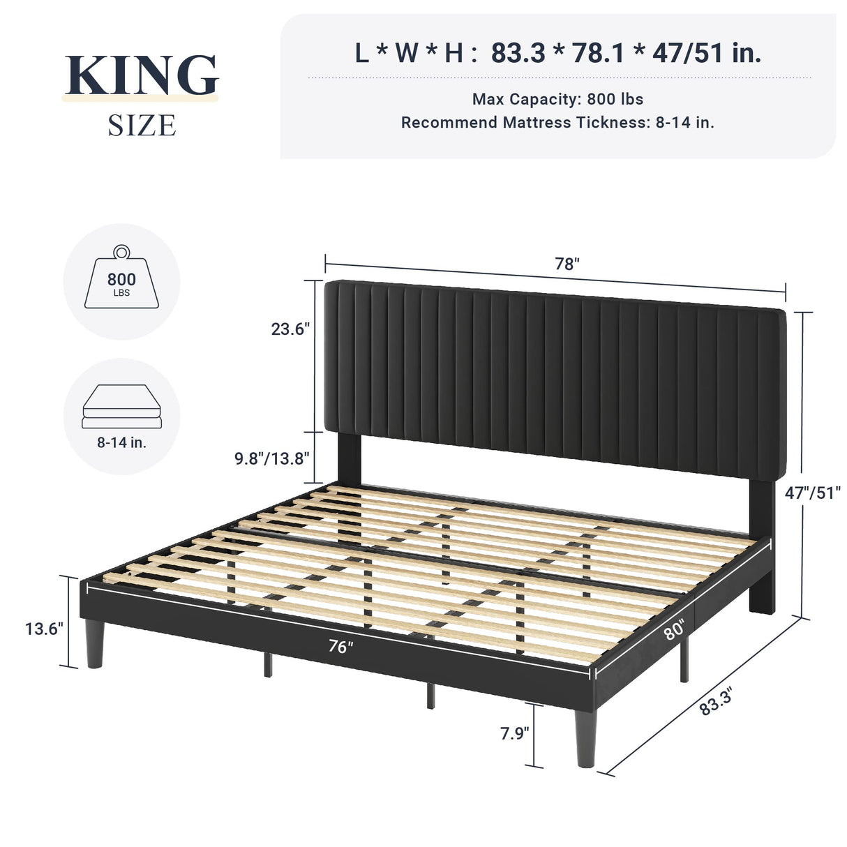 Allewie King Platform Bed Frame, Velvet Upholstered with Adjustable Vertical Channel Tufted Headboard, Mattress Foundation with Strong Wooden Slats, Box Spring Optional, Easy Assembly, Black Allewie