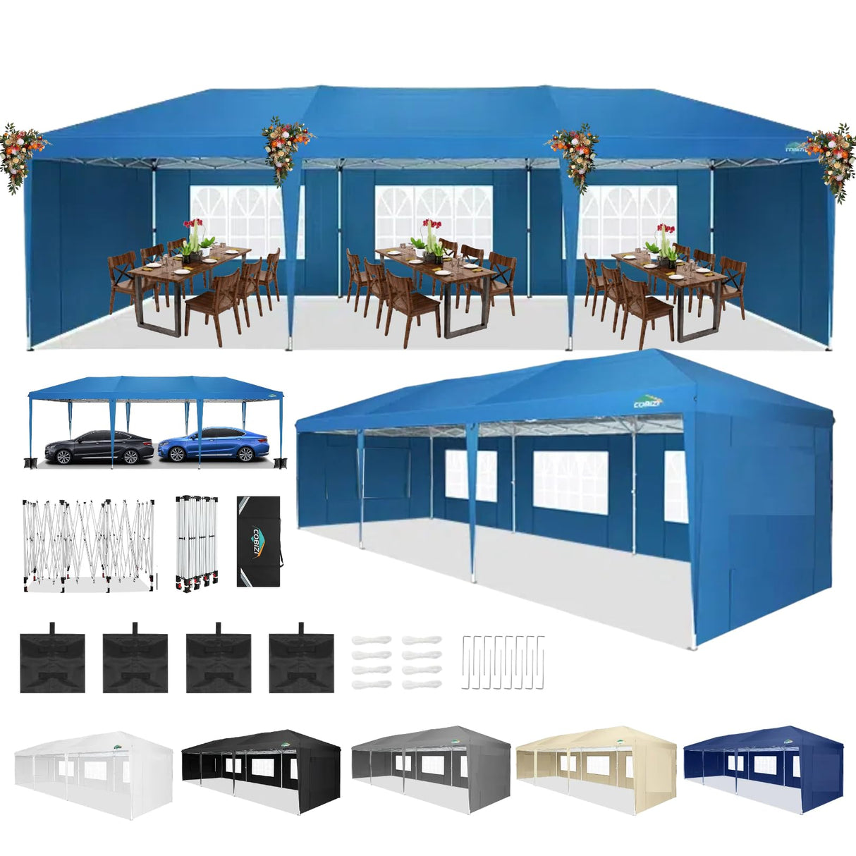 COBIZI 10x30 Canopy Party Tent with 5 Walls 10x30 Pop Up Tent for Parties Waterproof UPF 50+ Outdoor Commercial Event Tent for Party Backyard Gazebo Canopy with Sidewalls & Sandbags(10x30ft) COBIZI