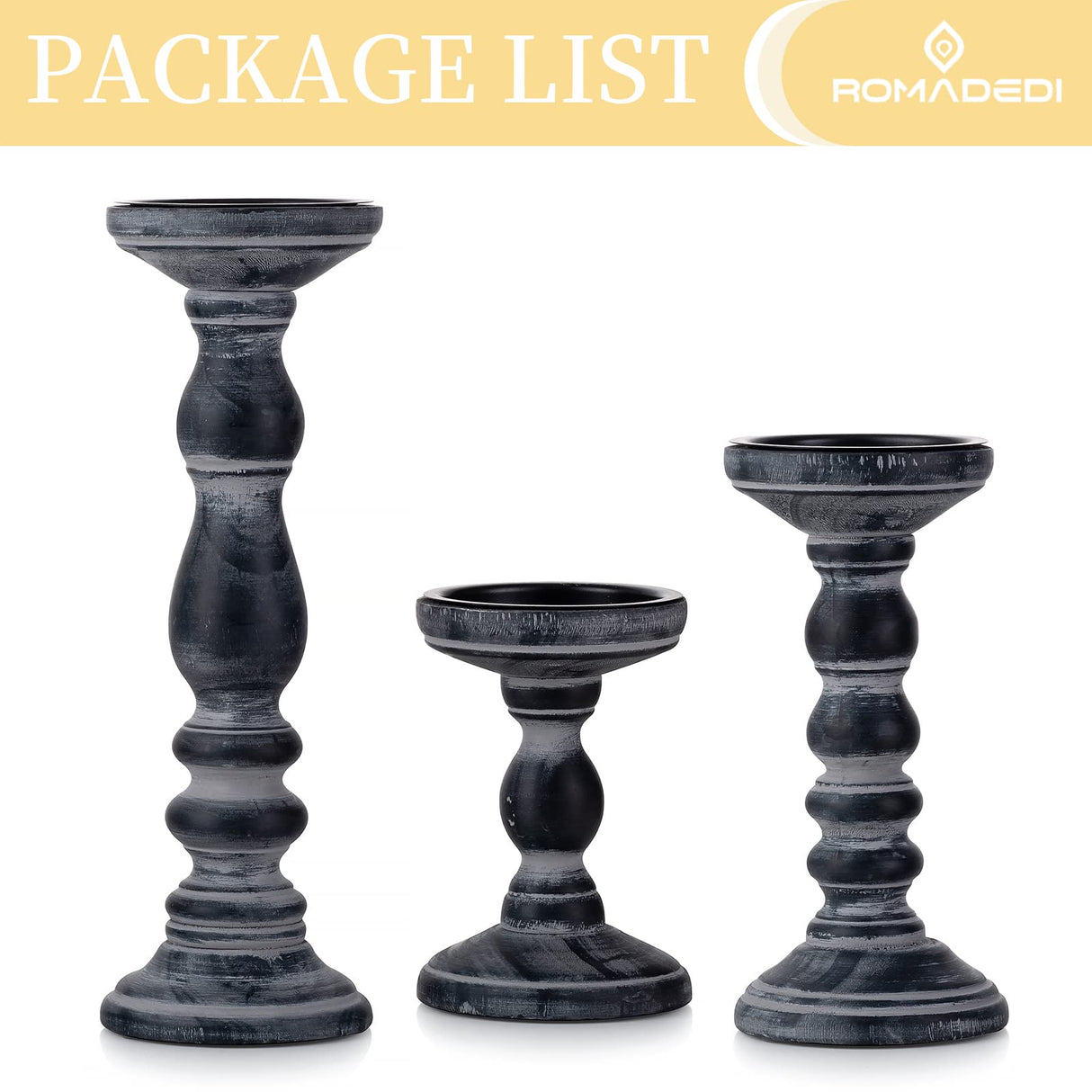 Candle Holder for Pillar Candles: Romadedi Set of 3 Decorative Wood Candlestick Holders, Rustic Wooden Candle Stand for Fireplace Mantle End Table Shelf in Farmhouse Style, Black 6”, 8.3”, 12” Romadedi