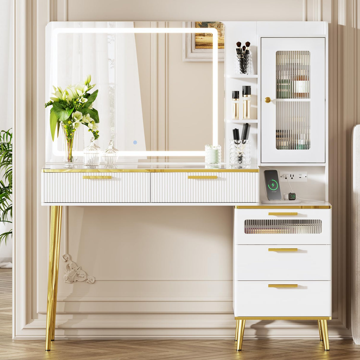 Chrangmay 47.24" Big Modern Vanity Desk with Mirror and Lights,Makeup Vanity Desk with 5 Drawers and Storage Shelves & Power Outlet,Dressing Table with Glass Top, White Chrangmay