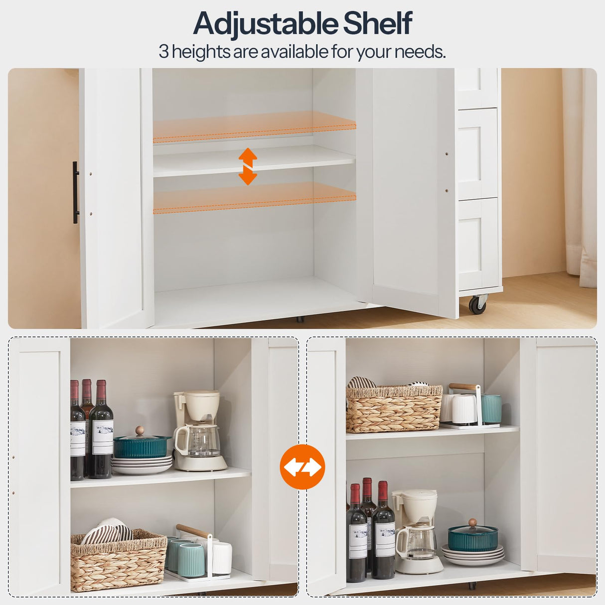 HOOBRO Kitchen Island with Power Outlet, Kitchen Island on Wheels, Rolling Kitchen Island Cart with 3 Drawers, Storage Cabinet and Adjustable Shelf, for Home and Kitchen, White and Natural WN15UZD01 HOOBRO