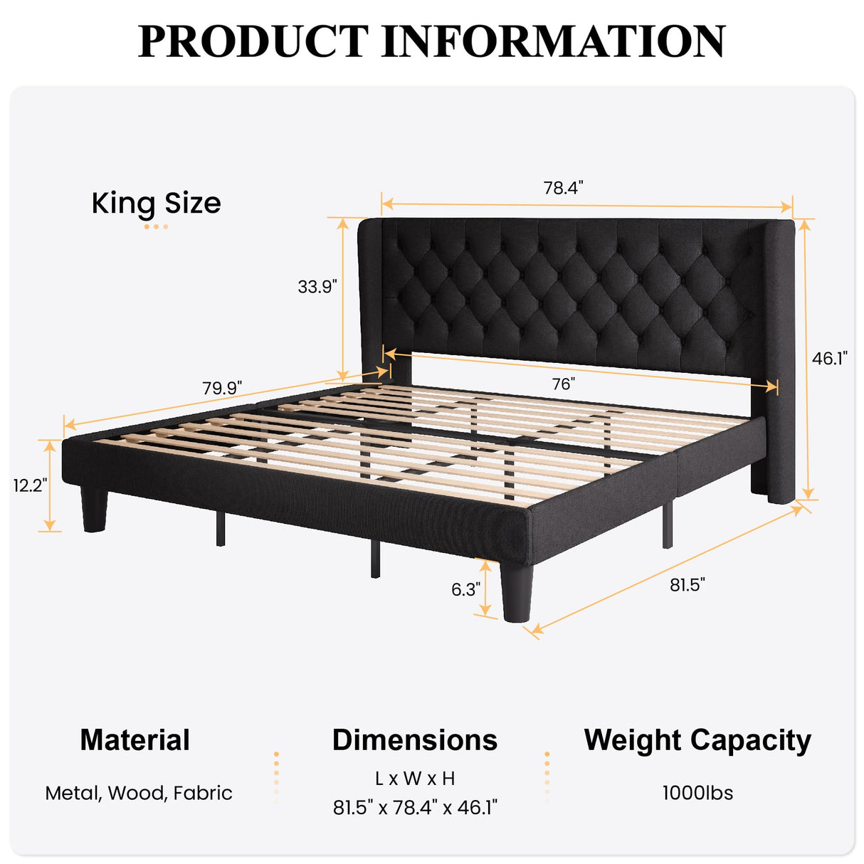 SHA CERLIN King Size Platform Bed Frame with Upholstered Headboard and Wingback, Button Tufted Design, Easy Assembly, No Box Spring Needed, Black SHA CERLIN