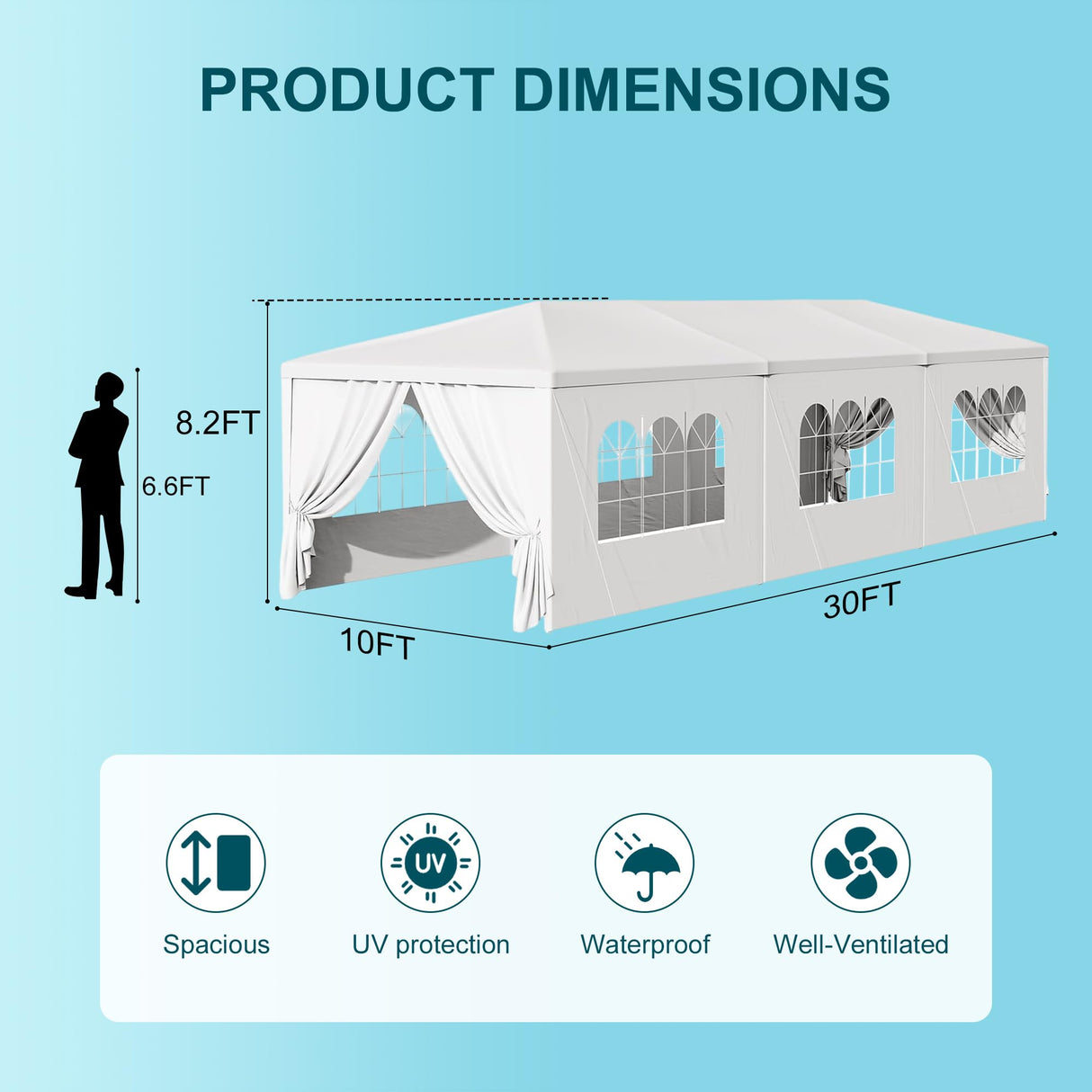 Usnipoya 10' x 30' Outdoor Gazebo Tents with 8 Detachable Sidewalls, White Patio Canopy Tent, Shade Tents with Transparent Windows, Ideal for Party, Wedding, Birthday, Events, Gatherings Usnipoya