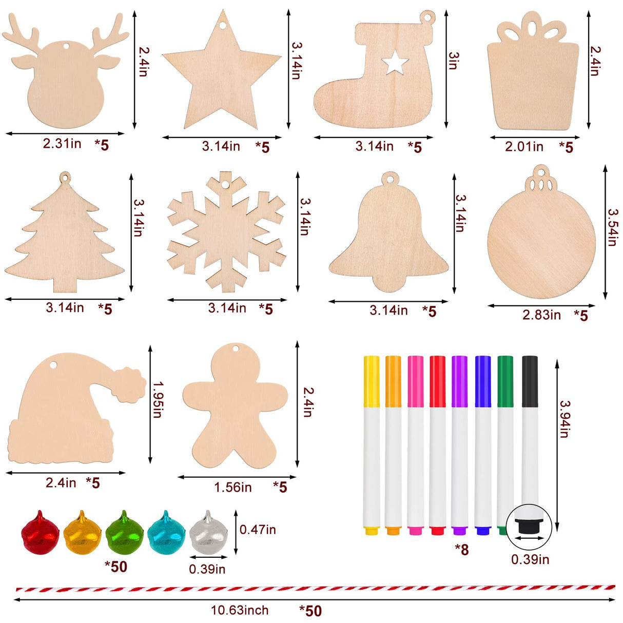 Besteek Home 158 Pcs Wooden Christmas Ornaments Unfinished, 50 Pcs Wood Slices in 10 Shape Christmas Crafts with Bells, Twine&Pens DIY Wooden Christmas Ornaments Besteek Home