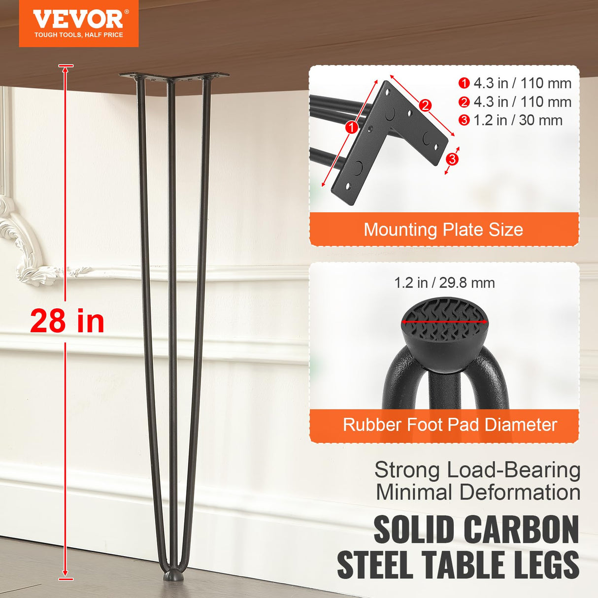 VEVOR Hairpin Table Legs 28", Set of 4 Desk Legs 900lbs Load Capacity, Hairpin Desk Legs 3 Rods for Desk Chairs Bench Dining End Table, Solid Carbon Steel Heavy Duty Furniture Legs Black VEVOR