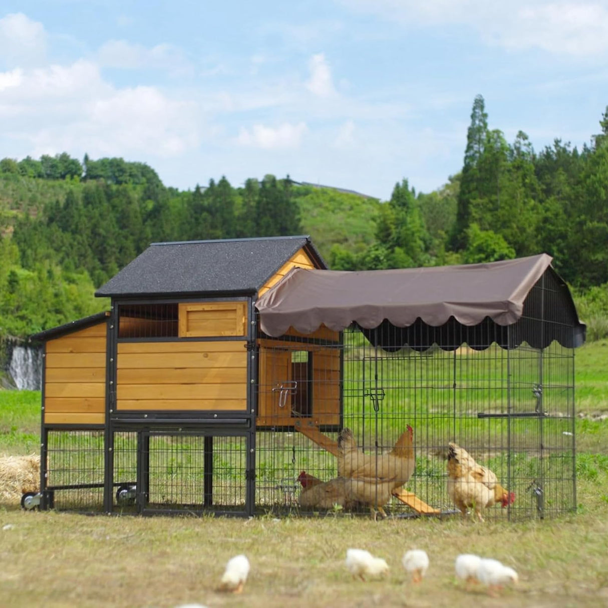 Chicken Coop All-Iron Frame Large Hen House Mobile Poultry Cage with Nesting Box,Metal Run,Waterproof Rain Cover Duck Coop, 85" Aivituvin