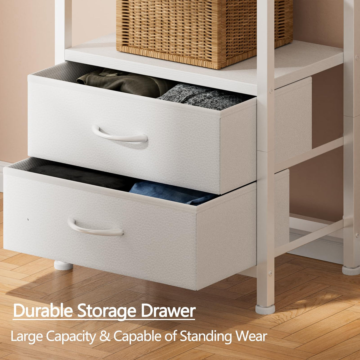 Furnulem 5-Tier Corner Shelf, Narrow Bookshelf with 2 Storage Drawers, Tall Bookcase, Standing Shelf Organizer Unit for Living Room, Bedroom, Metal Frame, Wood Display Shelf(White) Furnulem