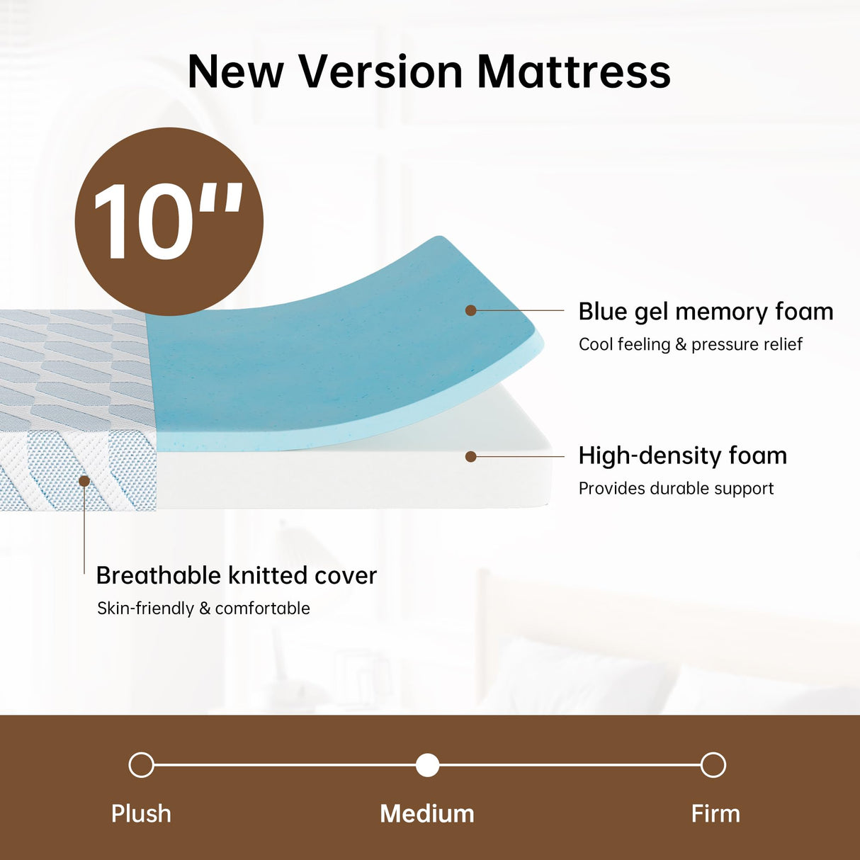 GTWMAT Queen Size Mattress 10 Inch, Cooling Gel Memory Foam Mattress in a Box for Pressure Relief, Removable Cover, Medium Firm, Motion Isolation, Breathable Comfort, CertiPUR-US Certified, Blue GTWMAT