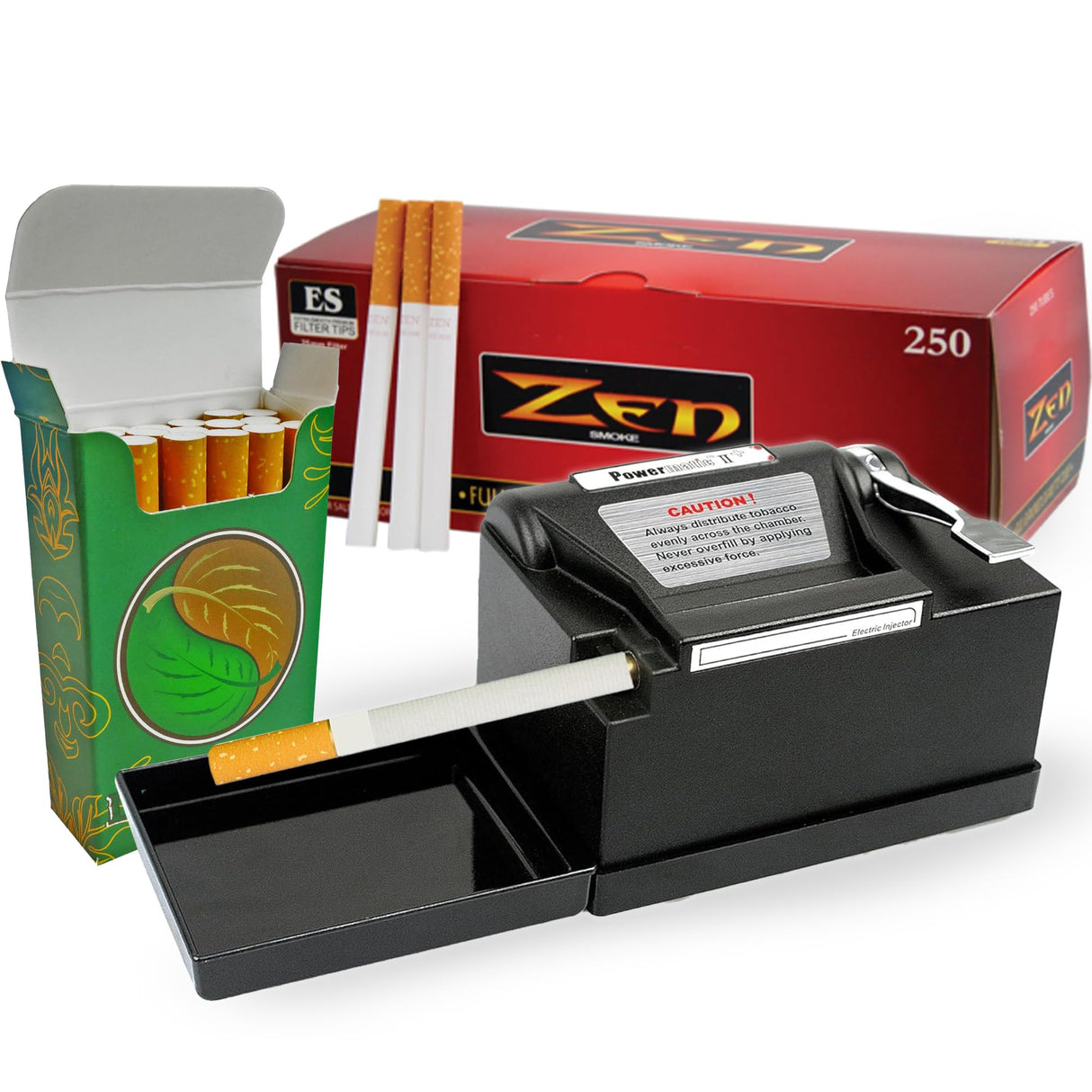 LEAF ONLY Powermatic 2+ Electric Cigarette Rolling Machine Injector - Cigarette Roller Starter Kit with King Size Zen Cigarettes Tubes 250ct and Reusable Pack Leaf Only