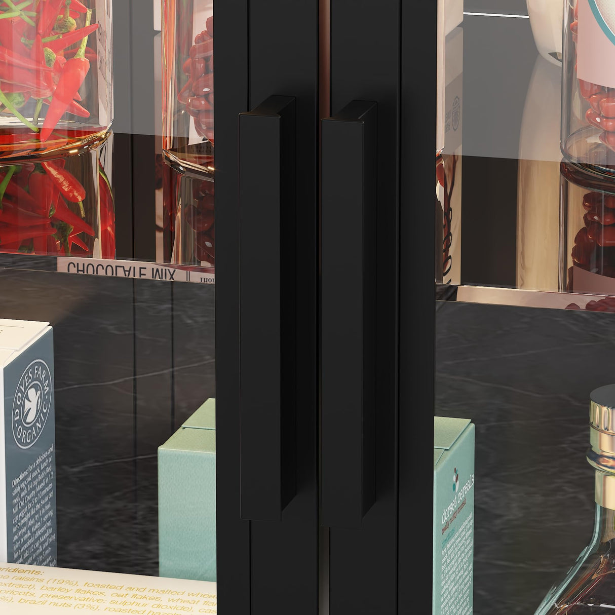 TAMUNE 77” Kitchen Island with Glass Doors and Light, Large Kitchen Storage Island with Drawers and Shelves, for Home Bar Black and Brown 30.3”D x 77.6”W x 36.6”H TAMUNE