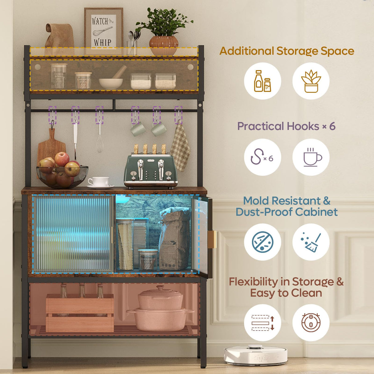 Rustic Chic 5-Tier Bakers Rack with Storage Cabinet and LED Lighting Bestier