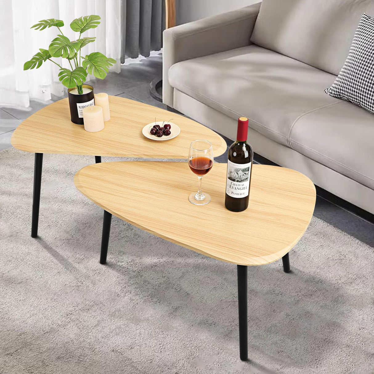 WDSHIYI Wood Nesting CoffeeTable Set of 2 Irregular Accent Table for Living Room Bedroom Industrial Small Stacking Side Tables for Couch,Natural WDSHIYI