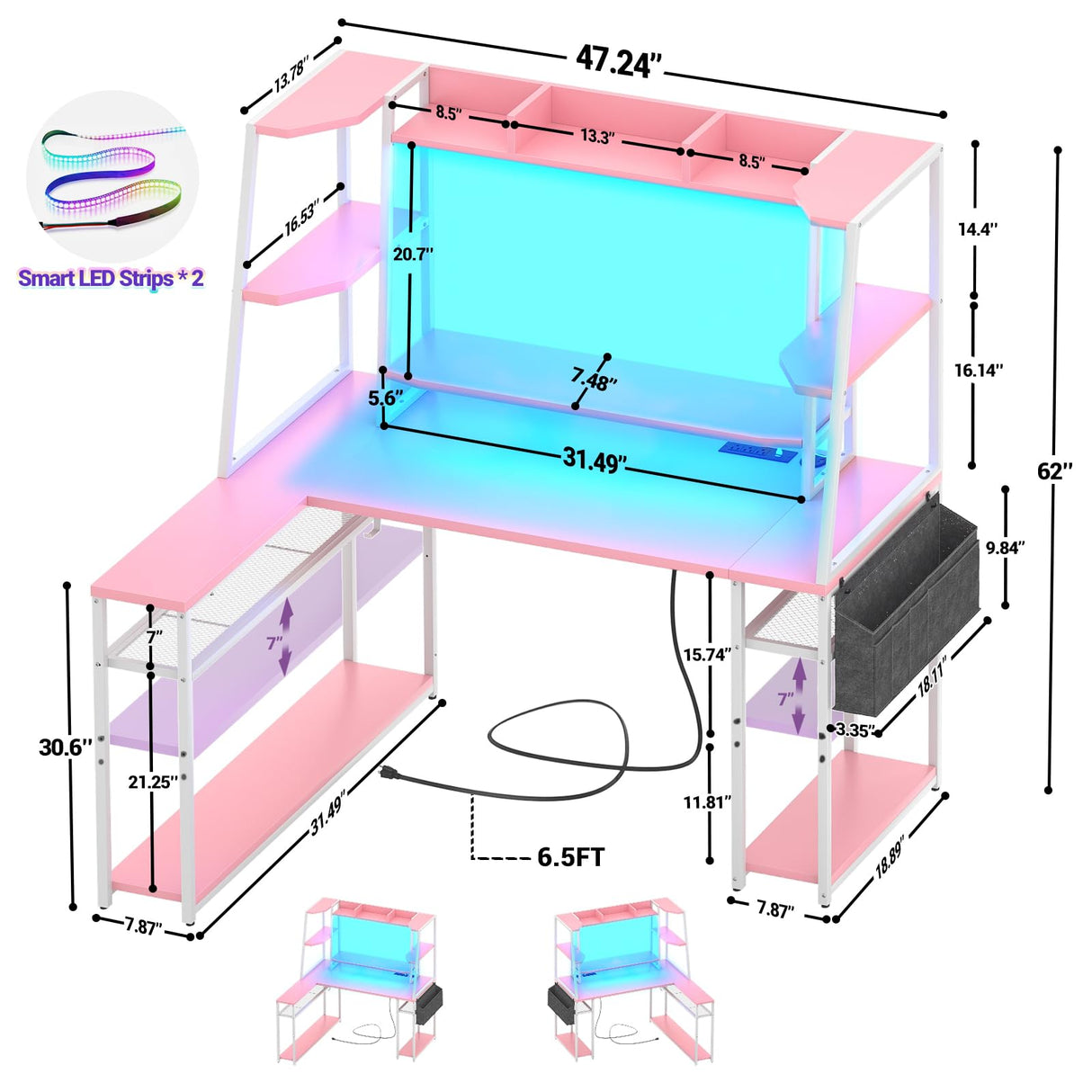 L Shaped Gaming Desk - Pink Gaming Desk with Hutch & Shelves, 47'' Gaming Computer Desk with LED Lights & Charging, Reversible PC Gaming Desk L Shape with Storage, L Desk for Gaming with Monitor Stand armocity