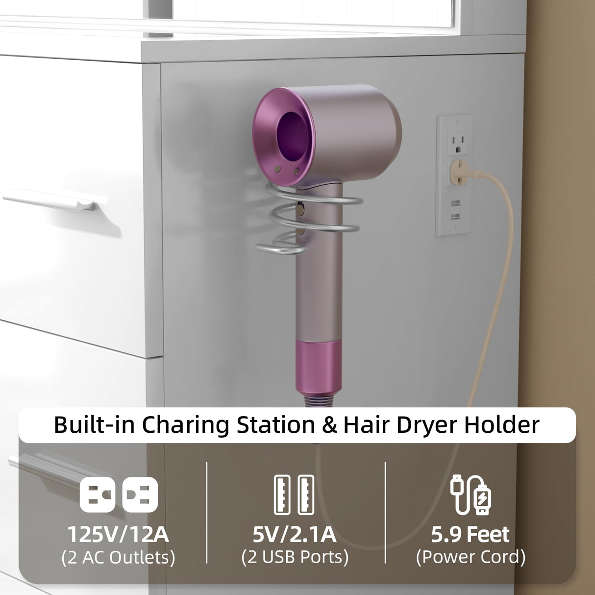 VALONDINO Makeup Vanity Desk with Power Outlet, 46'' Glass Top Vanity Set, 7 Drawers Vanity Table with Cushioned Stool, 3 Lighting Modes Brightness Adjustable,White VALONDINO