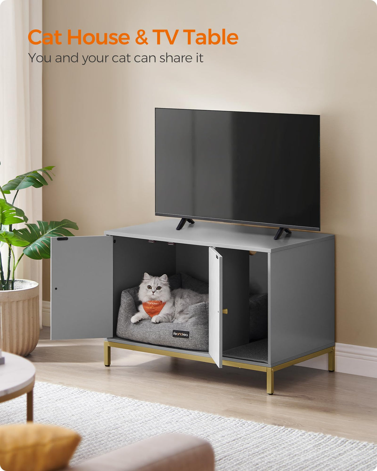 Feandrea Litter Box Enclosure, Modern Cat Litter Box Furniture Hidden, with Scratching Mat, Tall Legs, Cat House, Side End Table, 31.5 x 19.7 x 21.7 Inches, Dove Gray and Gold UPCL007H01 Feandrea