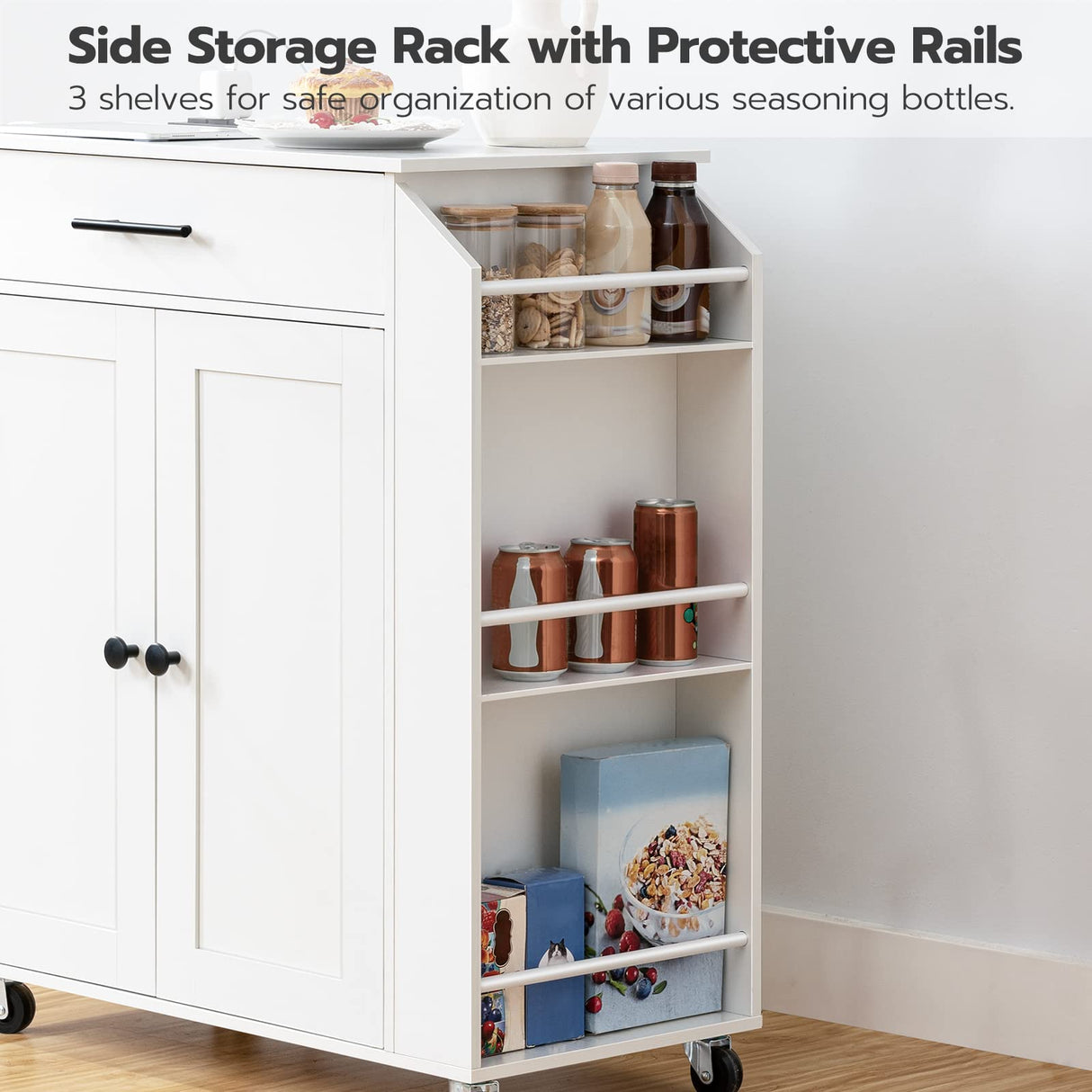 HOOBRO Kitchen Island with Power Outlet, Kitchen Storage Island with Spice Rack and Drawer, Rolling Kitchen Cart on Wheels, for Home, Kitchen and Dining Room, White WT82UZD01G1 HOOBRO