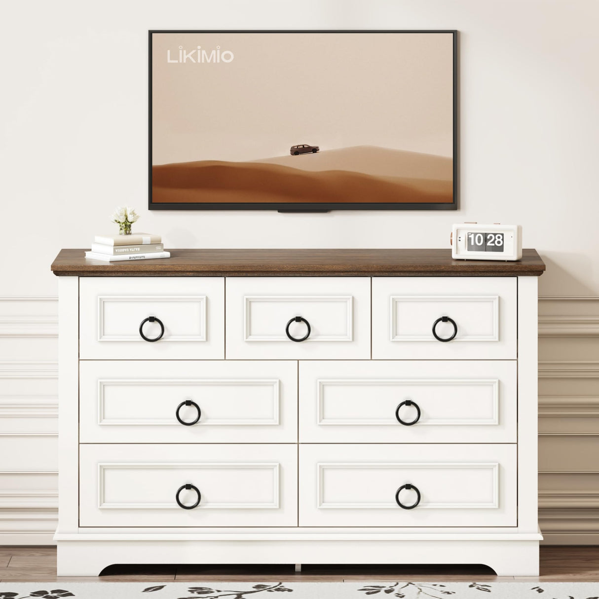 LIKIMIO Farmhouse Dresser for Bedroom with 7 Drawer, 47.2" Wide Wood Rustic Chest of Drawers with Round Metal Handle, Thickened Desktop, Storage Dressers for Bedroom, Hallway, Entryway, White LIKIMIO