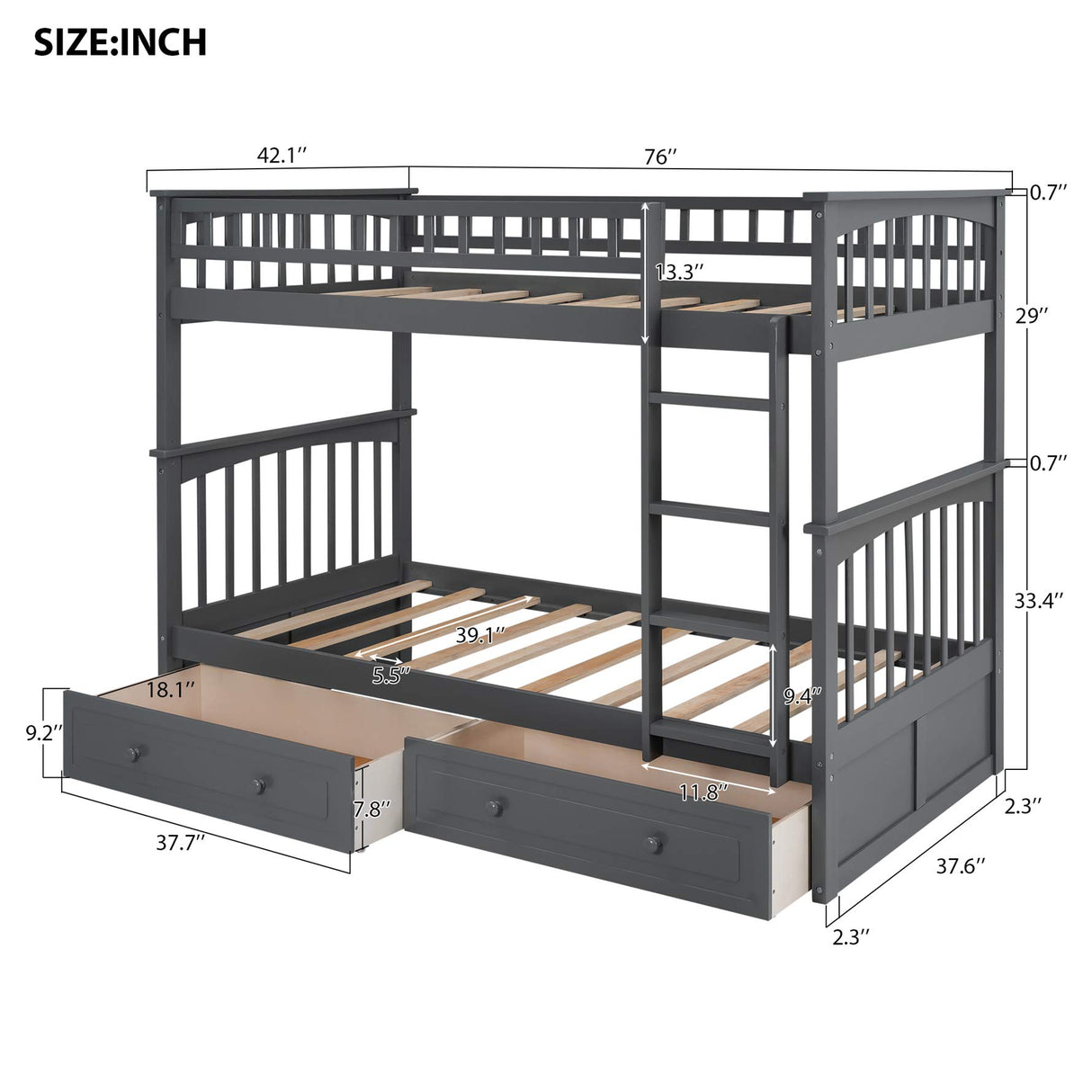 Harper & Bright Convertible Wood Twin-Over-Twin Bunk Bed with Storage Drawers and Ladder - Can Be Divided Into Two Daybeds (Grey) Harper & Bright Designs