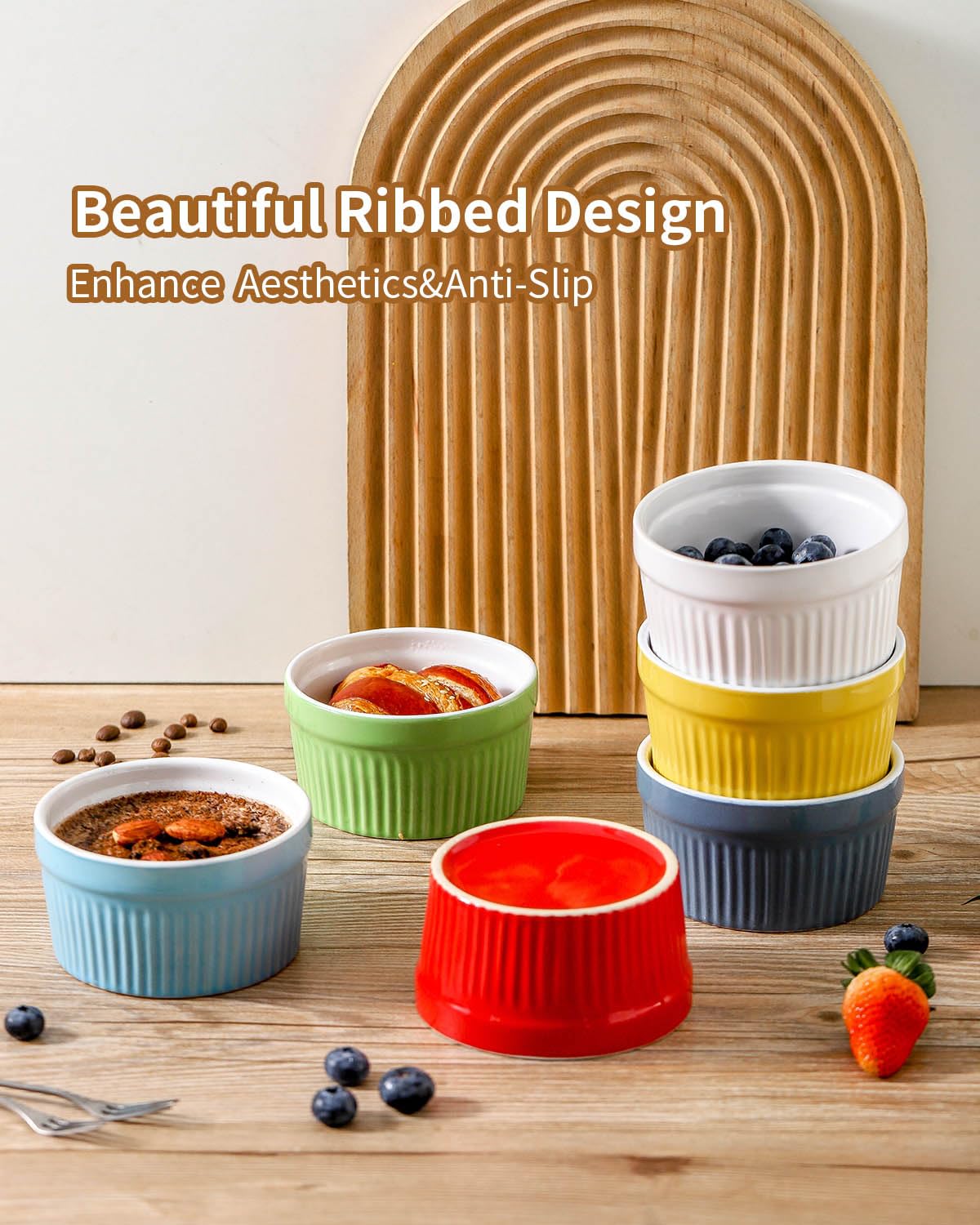 Hasense Ramekins Oven Safe, 8 oz Ramekins for Baking Souffle Ramekins Set of 6, Ceramic Dipping Sauce Cups for Pudding, Ice Cream, Custard, Dessert Bowls Porcelain, Dishwasher Safe, Multi color Hasense