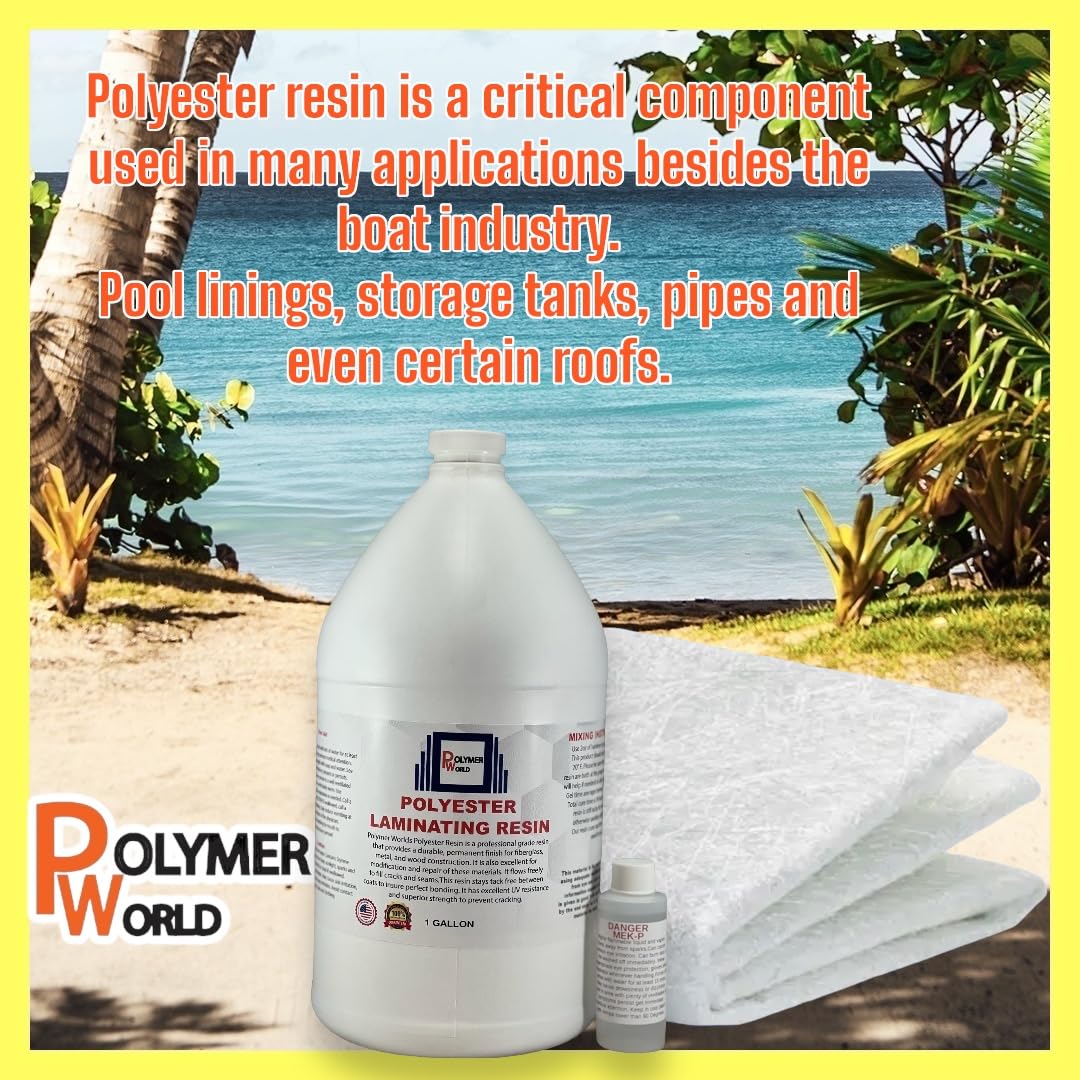 Polymer World- 1 Gal Polyester Resin with Rolled .75x50x5 Yard Chopped Strand Mat, Fiberglass Kit for Boats, Cars, Surfboard, RV, Canoes, Jetski, Watercraft, with MEKP Polymer World