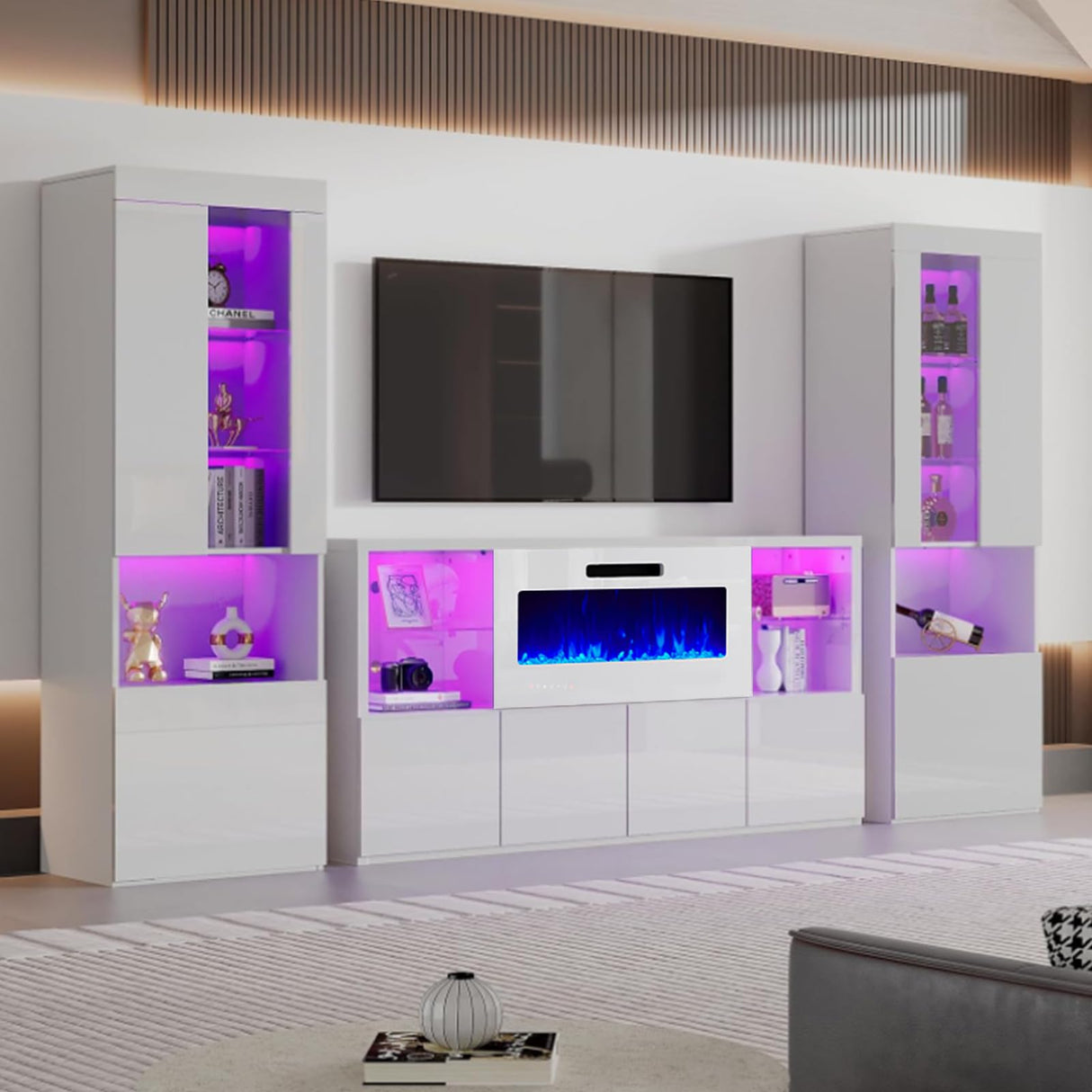 AMERLIFE Modern 71in Tall LED Bookcase Storage Cabinet with Glass Doors - Set of 2 in White AMERLIFE