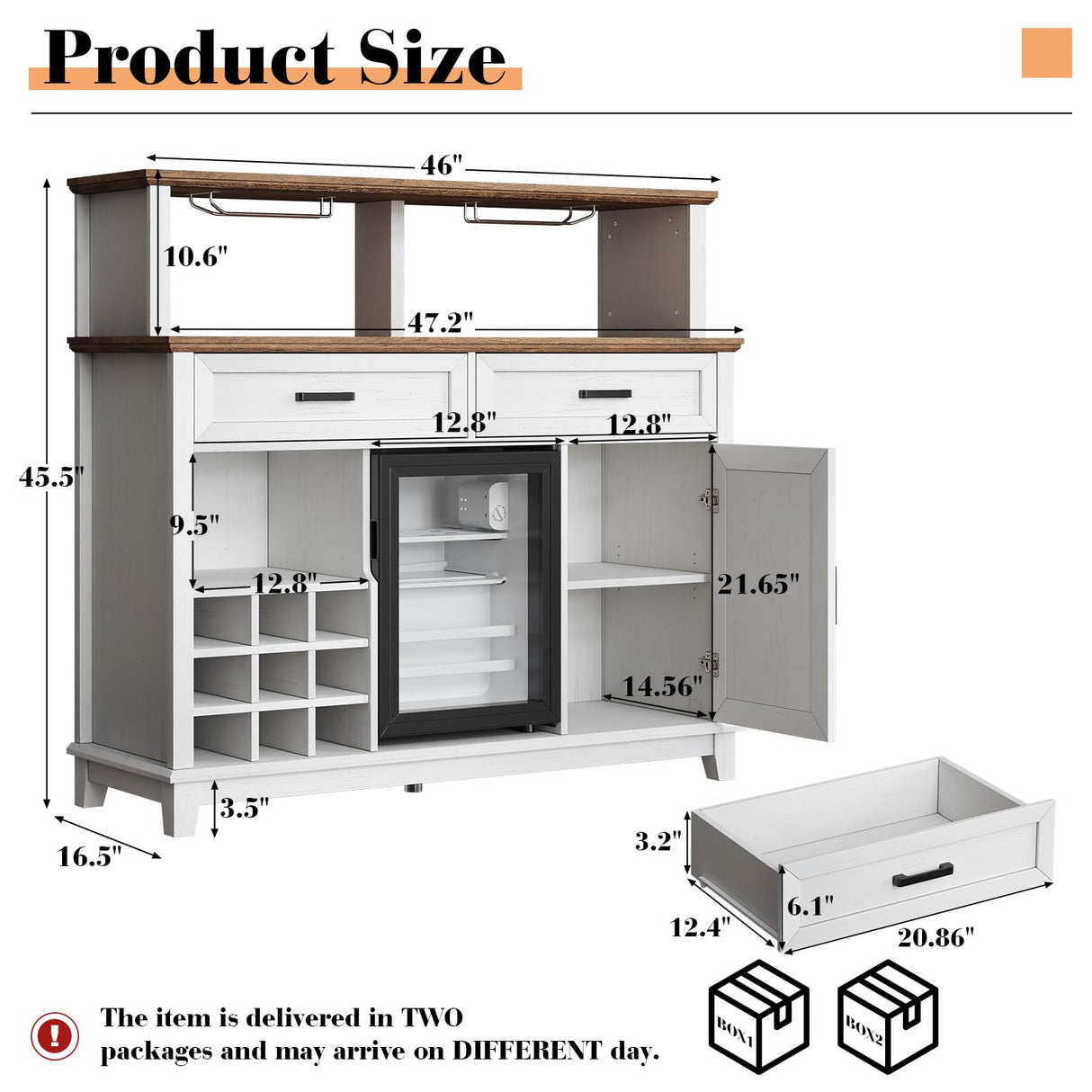 AMERLIFE 47" Farmhouse Coffee Bar Cabinet with 15" Refrigerator & Wine Rack & Glass Holder, Wine Cabinet with Storage Drawers & Open Shelves, Sideboard Buffet Cabinet for Dinging Room, Living Room AMERLIFE