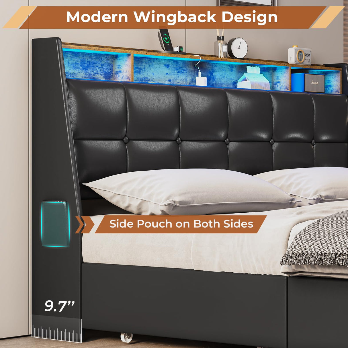 MSmask King Size Bed Frame with LED Lights, Storage Drawers, Charging Station & Wingback Headboard MSmask