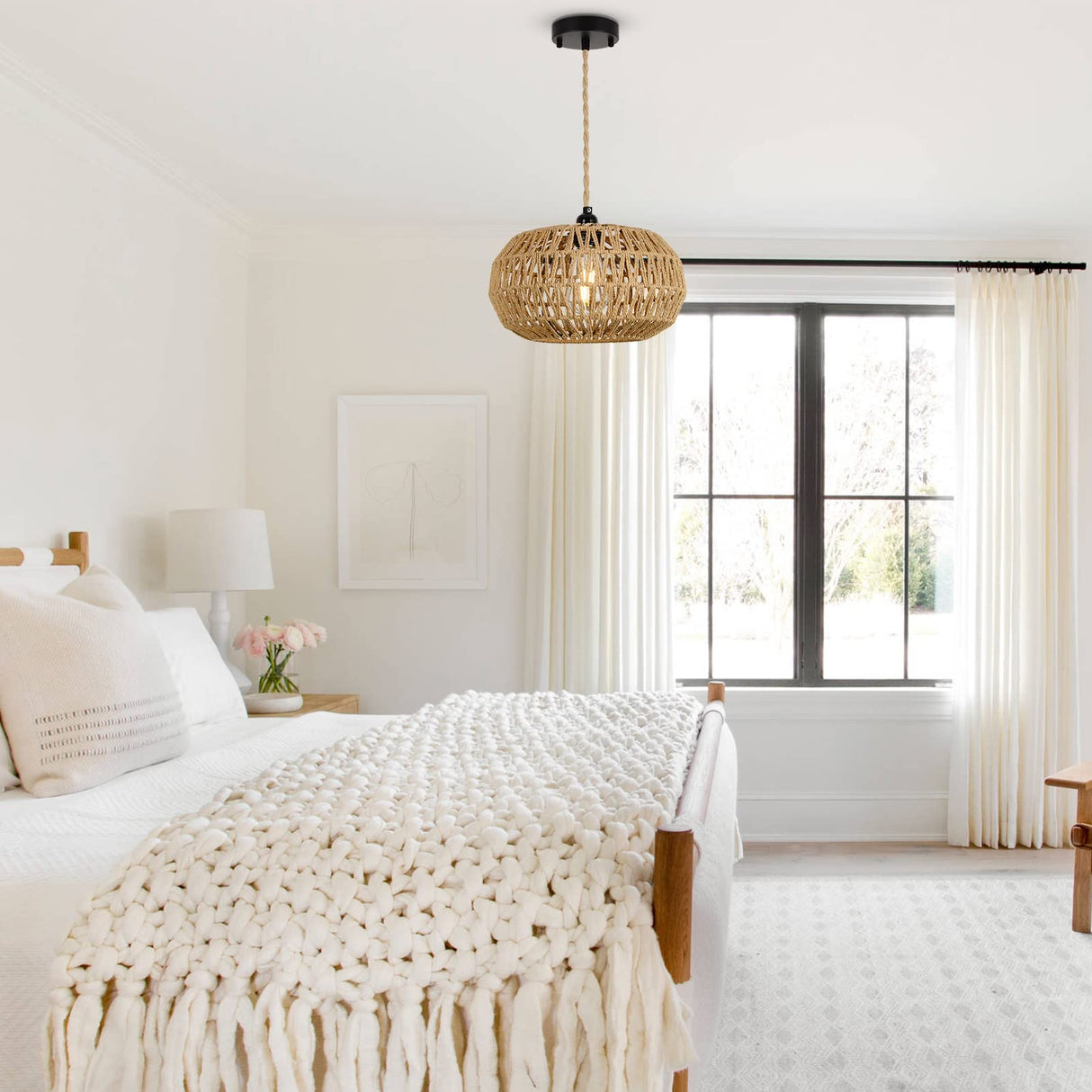 Farmhouse LED Rattan Pendant Lights, Boho Chandelier Light Fixture, Rustic Wicker Hand Woven Rope Cage Basket Pendant Hanging for Dining Room Living Room Kitchen Bedroom Nursery Foyer Hallway Entryway Stepeak