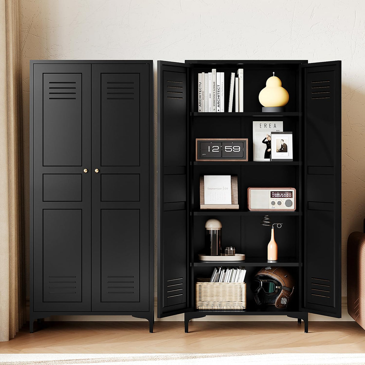 Letaya Black Storage Cabinet with Feets-Metal Home Kitchen Pantry Cabinets with Doors and Adjustable Shelves,Organization Locker for Cupboard/Bedroom/Dining/Living/Bathroom/Office/Garage Room (Black) Letaya