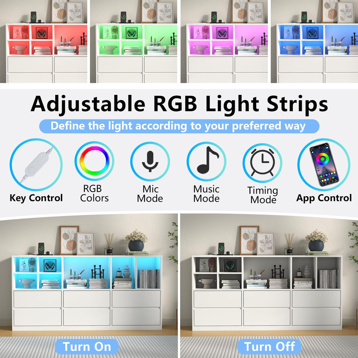 6 Drawers Dresser with 7 Storage Cubbies, LED Chest of Drawers with Power Outlet, 63" Triple Wide Long Dresser Organizer for Bedroom, Modern TV Stand with Open Shelf for Living Room, Entryway (White) Gyfimoie