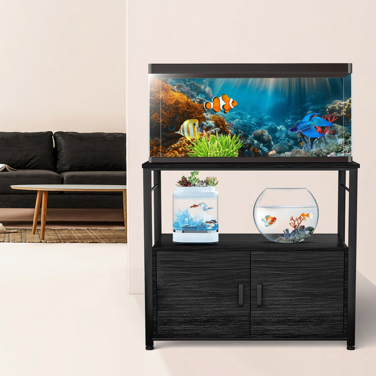 40-50 Gallon Aquarium Stand, Heavy Duty 760lbs Capacity, Metal Fish Tank Stand with Storage, Adjustable Feet, Double Storage Shelves, 31.5"x17.72"x27.56" Black Samesay