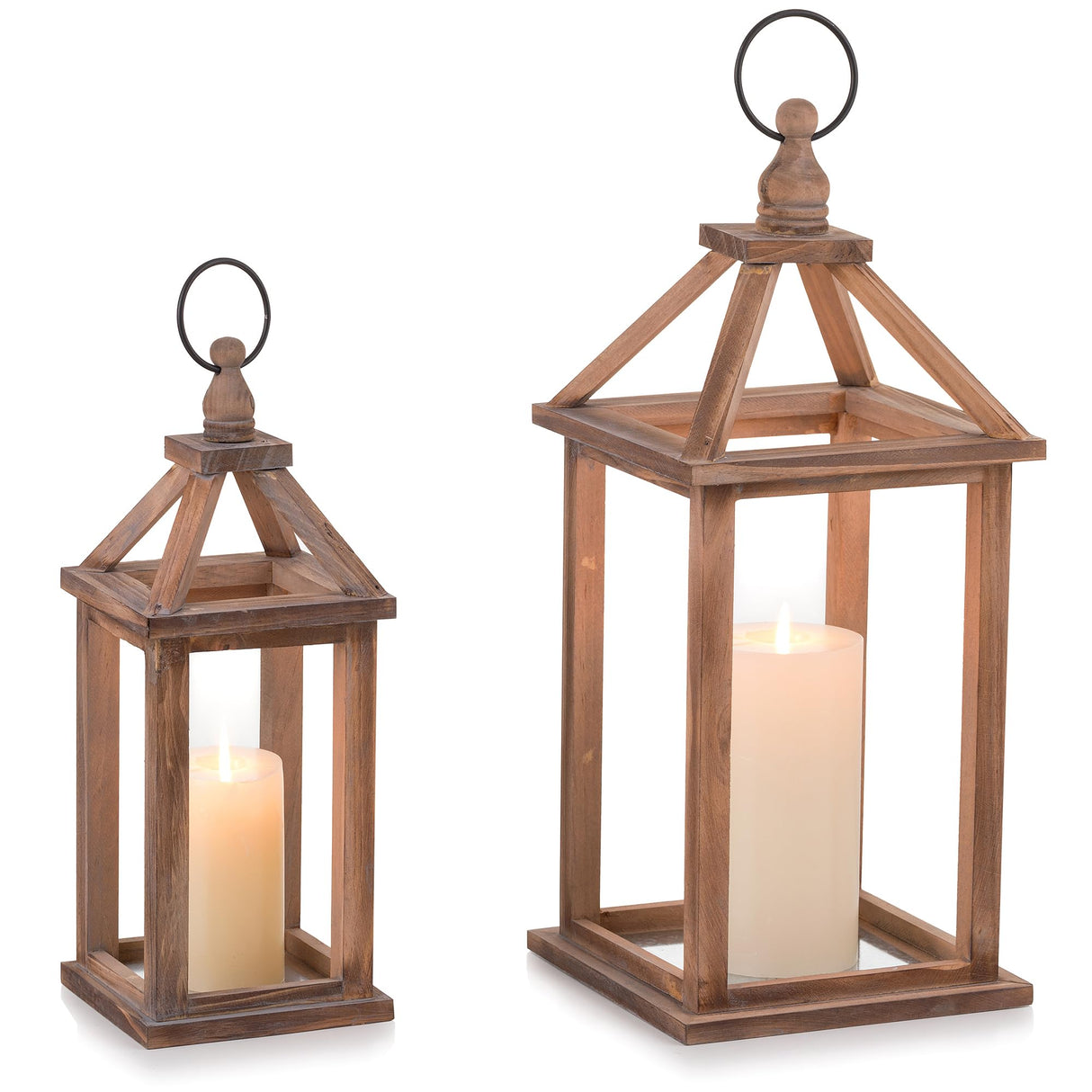 Staymoment Wooden Decorative Candle Lanterns Set of 2, Indoor Rustic Hanging Candle Holder for Centerpiece Mantle Shelf Porch, 12" & 16" Farmhouse Home Decor Wedding Table Decoration, Brown Staymoment