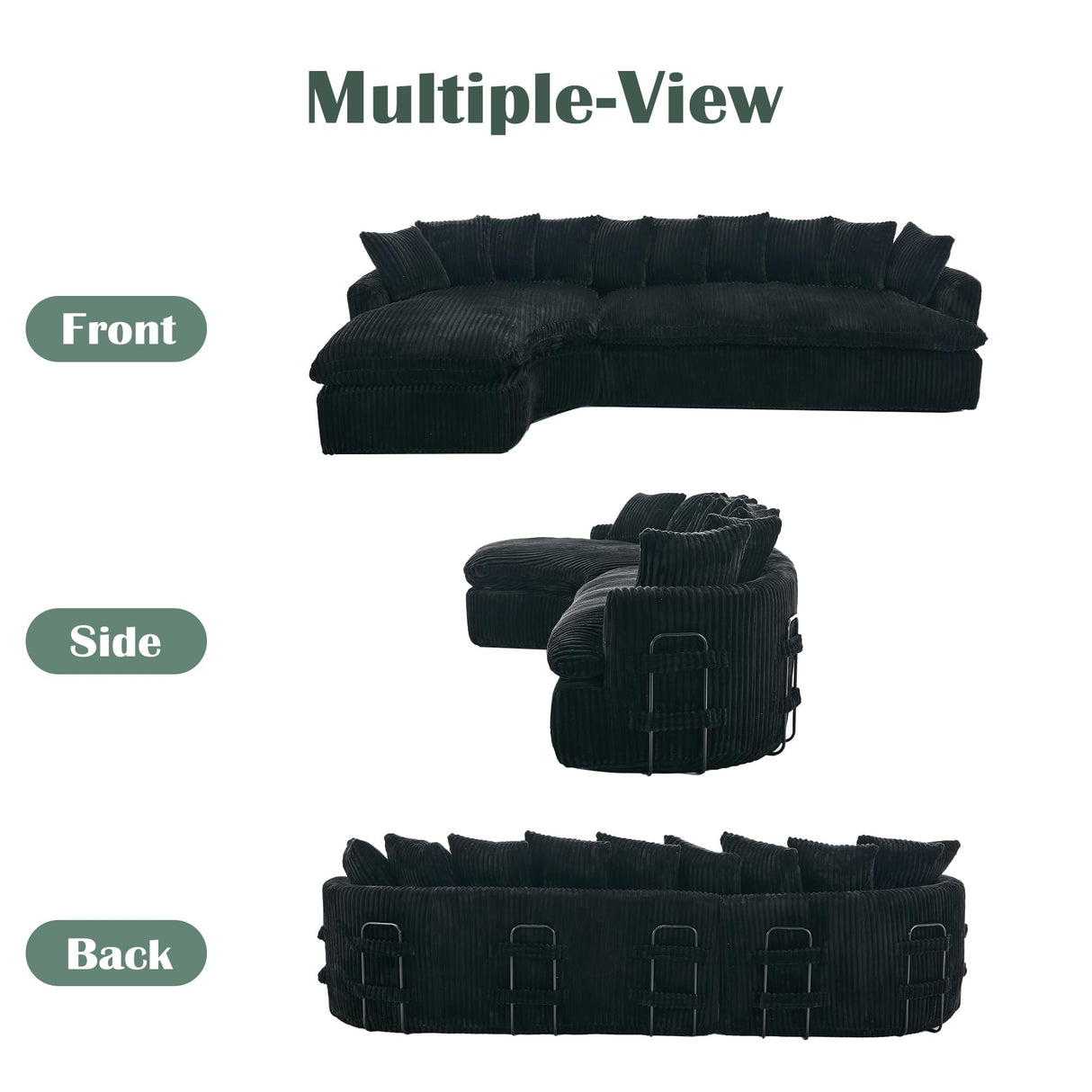 UQGVML 129'' Cloud Corduroy Couch for Living Room, Modern Curved Cloud Sofa, Upholstered Corner Couches for Living Room, L Shaped Sectional Couch (Black) UQGVML