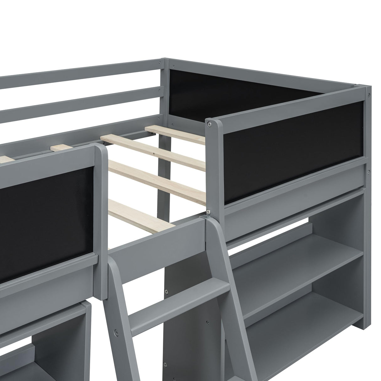 SOFTSEA Twin Size Low Loft Bed with Movable Shelves, Chalkboard, and Guardrail in Grey SOFTSEA
