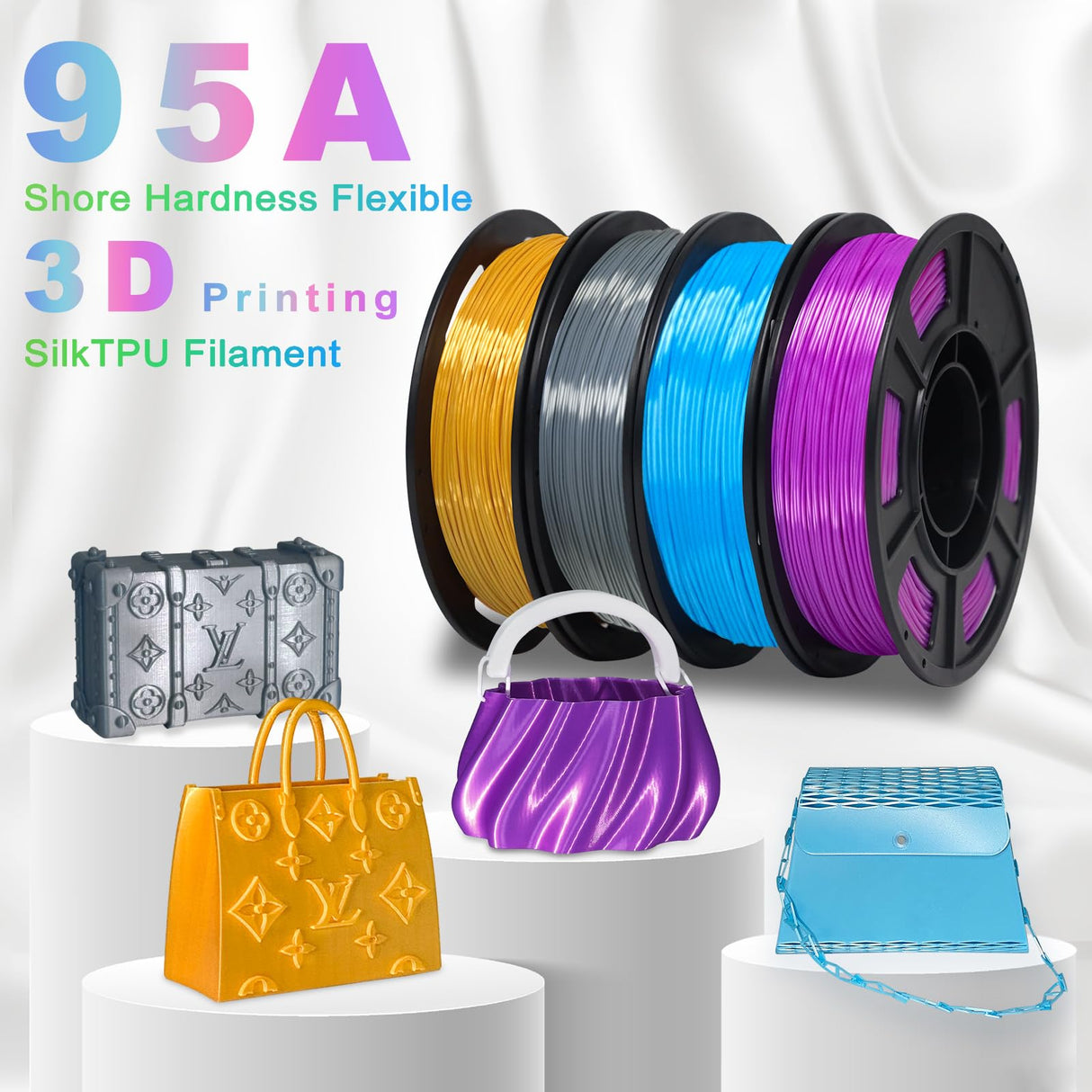YOUSU Silk TPU Filament 1.75mm, 95A tpu3d Printing Flexible Filament, High Hardness Resilience, Soft Adhesive Material, Elastic, tpu4x250g Bundle, Silk TPU Gold,Dark Silver,Blue,Purple Yousu