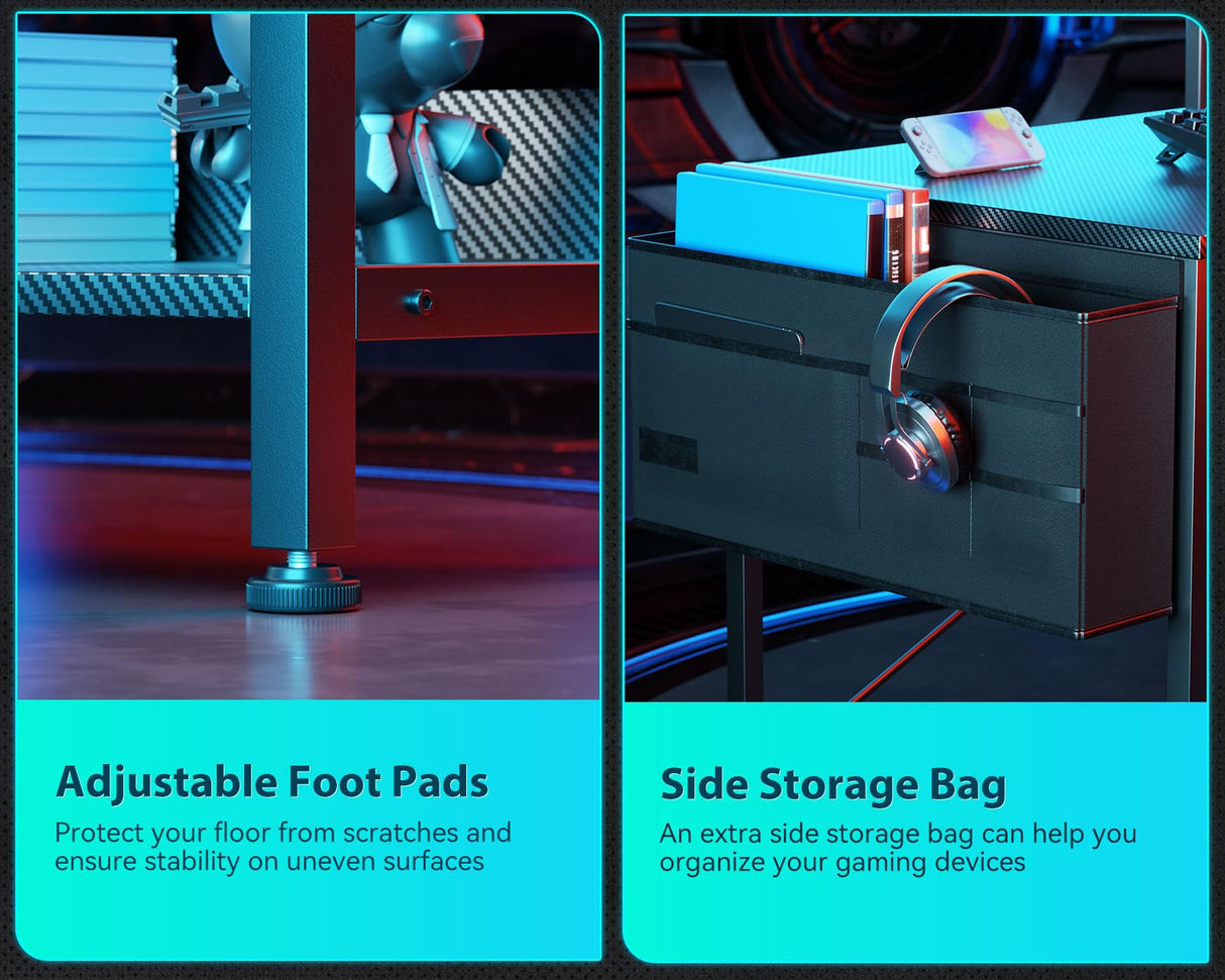 ODK 55 Inch L Shaped Gaming Computer Desk with Power Outlets, Corner Desk with Reversible Storage Shelves & PC Stand for Small Space, Modern Simple Home Office Table, Carbon Fiber Surface, Black ODK