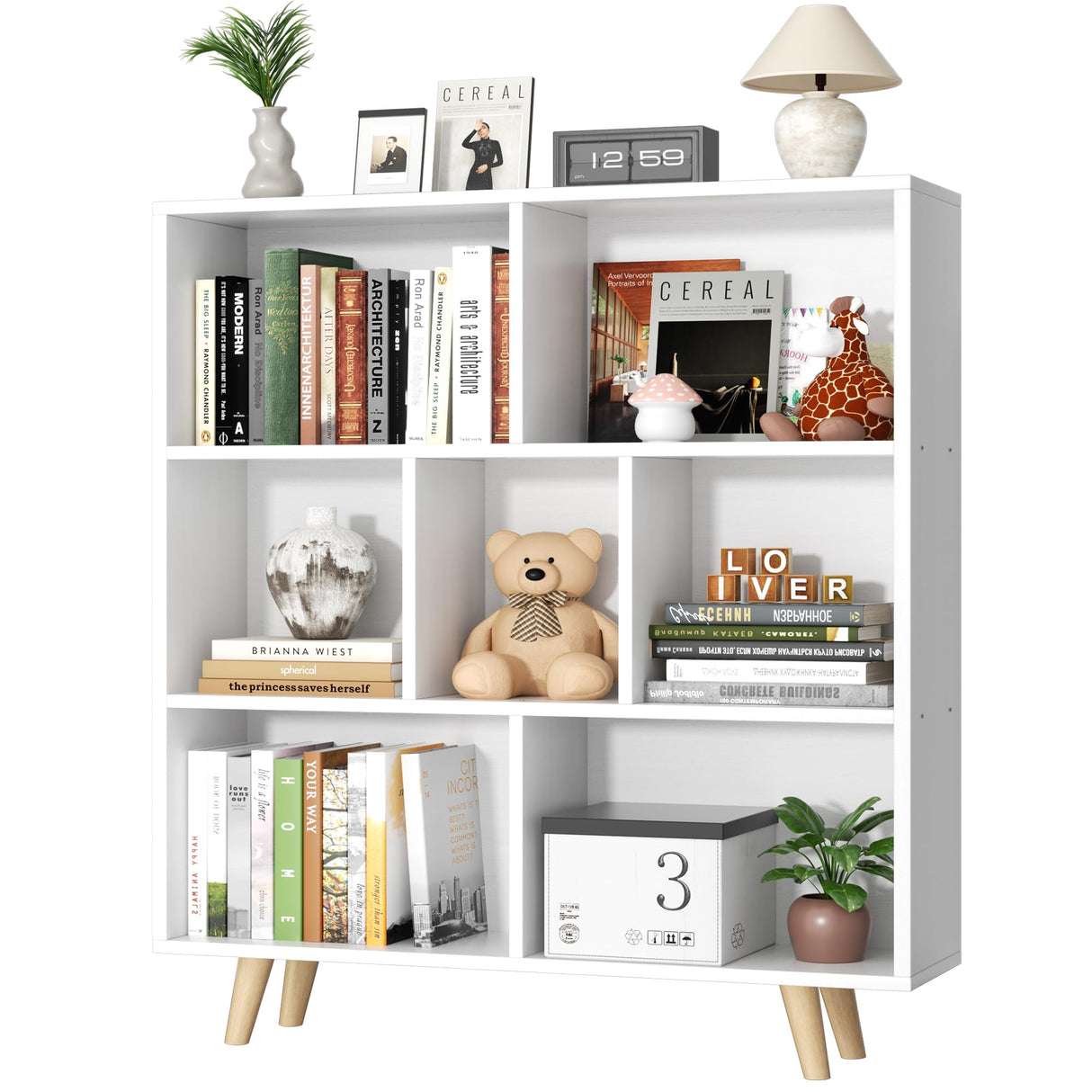 Shintenchi Wooden 7 Cube Bookshelf, 3 Tier Bookcase with Legs, Modern Open Storage Organizer Shelf,Display Cabinet Shelf Free Standing Bookshelves for Bedroom,Living Room,Office,White Shintenchi