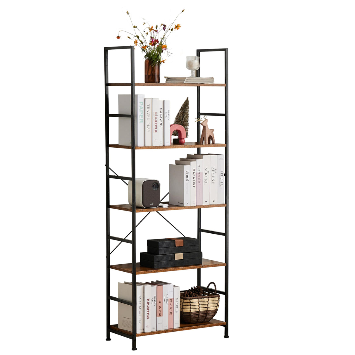 HealSmart 5 Tier Bookshelf, Free Standing Book Shelf Home Office Bookcase Shelf Storage Organizer for Bedroom, Living Room, Bathroom, Office, Balcony, Rustic Brown HealSmart