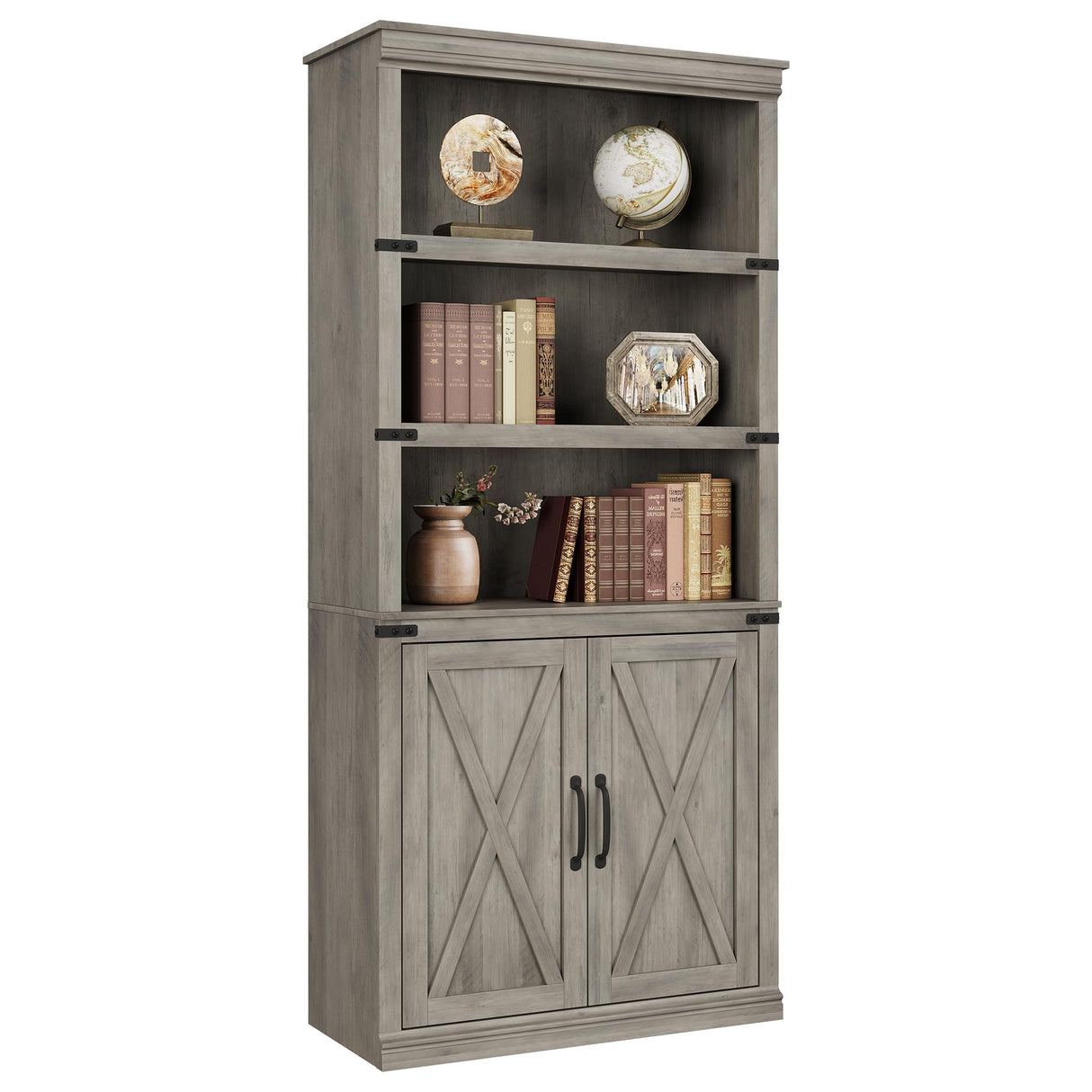 CABIHOME 5 Tier Book Shelf, Farmhouse Book Case with Cabinet, 68.7" Tall Book Shelf with Storage Doors, Wooden 5 Shelf Book Case for Home Office, Living Room, Bed Room CABIHOME