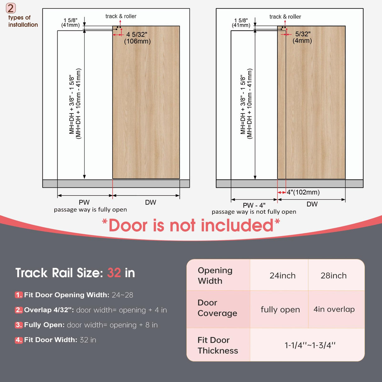 32" Concealed Sliding Barn Door Hardware Kit with Soft Close Mechanism for 24-28in Passage Opening, Hidden Aluminum Track System, Wall Mount for Interior Wooden Door (NO Door) CEAKIAN