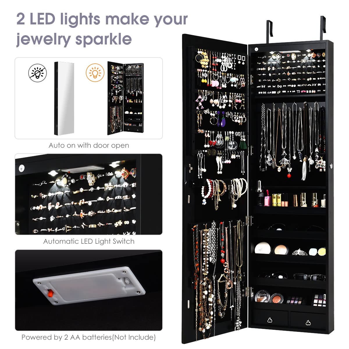 Giantex Wall Door Mounted Jewelry Armoire Cabinet with 47.5" H Full Length Mirror, 2 LEDs Lockable Jewelry Organizer Box with Bracelet Rod, 2 Drawers, Large Storage Capacity (Black) Giantex