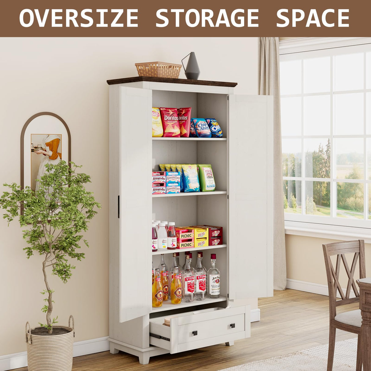 LUXOAK Farmhouse Kitchen Pantry Cabinet, 72" Tall Storage Cabinet with Adjustable Shelves & Barn Doors, Freestanding Kitchen Cupboard for Dining Room, Living Room, Barnwood+White LUXOAK