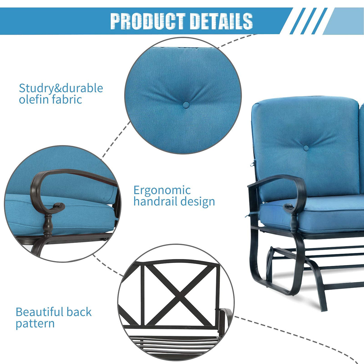Omelaza Patio Bench, Porch Glider Outdoor Swing Glider Rocking Loveseat, Steel Frame Chair with Thick Cushion (Peacock Blue) Omelaza