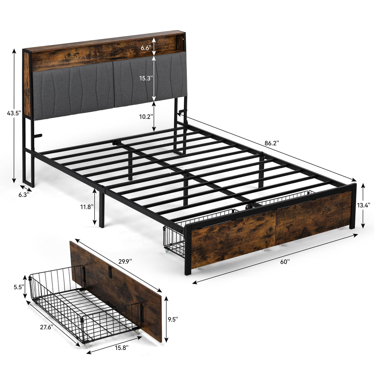 COMHOMA Platform Bed Frame with LED Lights and Charging Station, Storage Headboard and Footboard Drawers, No Box Spring Needed, Rustic Wood Look (Queen) COMHOMA