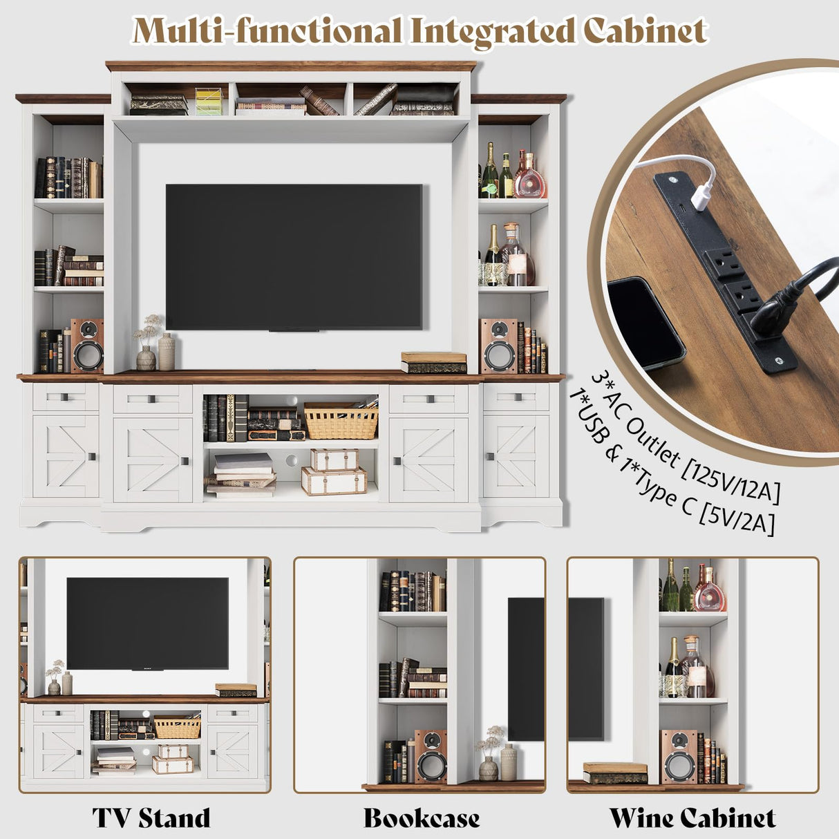 AMERLIFE 98in Farmhouse Wall Unit TV Stand with Bookshelves, Wine Cabinet, Fits 78" TVs, Large Entertainment Center with Power Outlets & Barn Door, Rustic Media Console for Living Room, White AMERLIFE