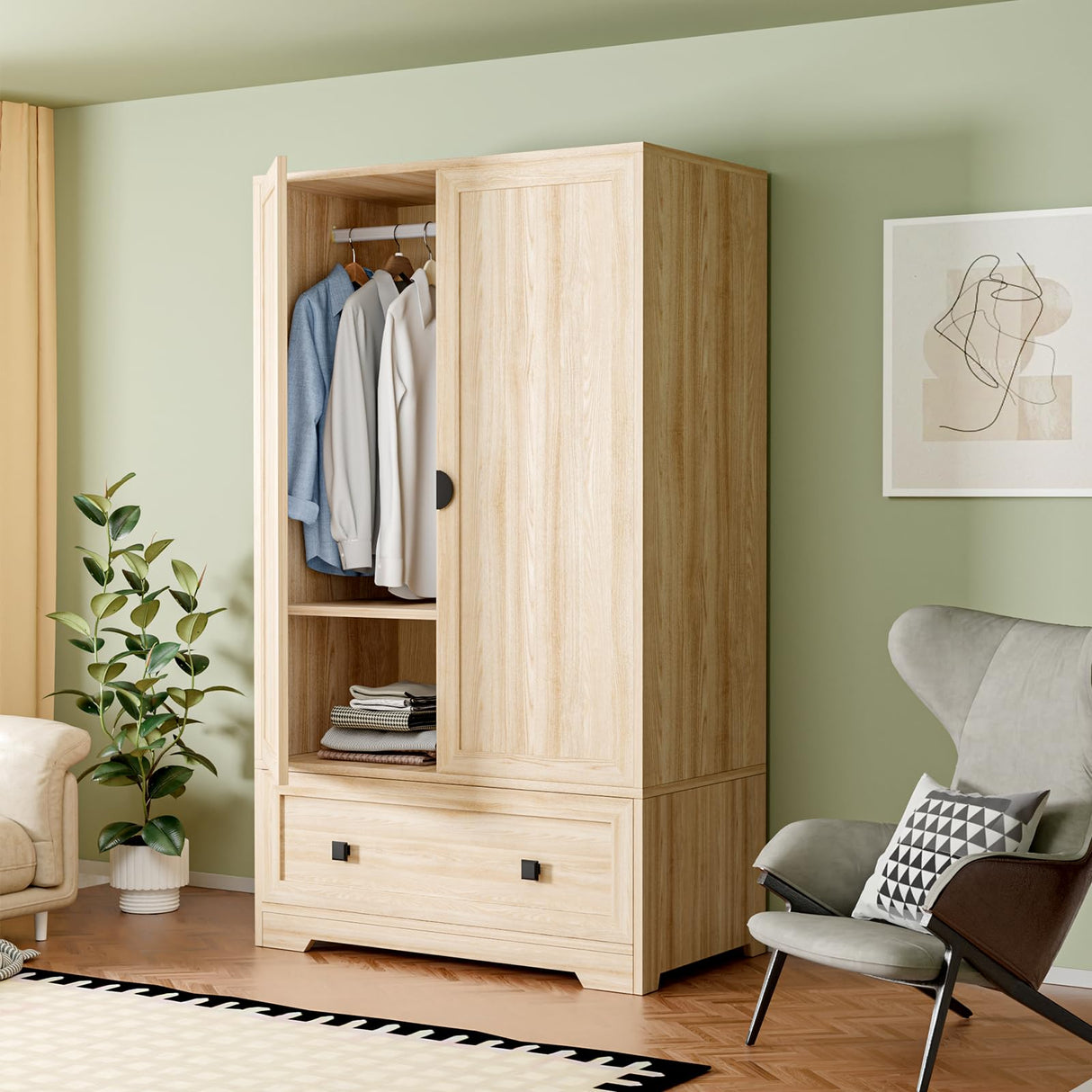 VINGLI Wardrobe Closet, Armoires and Wardrobes with Doors,Hanging Rod, Shelves and Drawer, Freestanding Closet Wardrobe Cabinet, Oak Armoire Wardrobe for Bedroom, Dorm, 38" W x 21" D x 65" H VINGLI